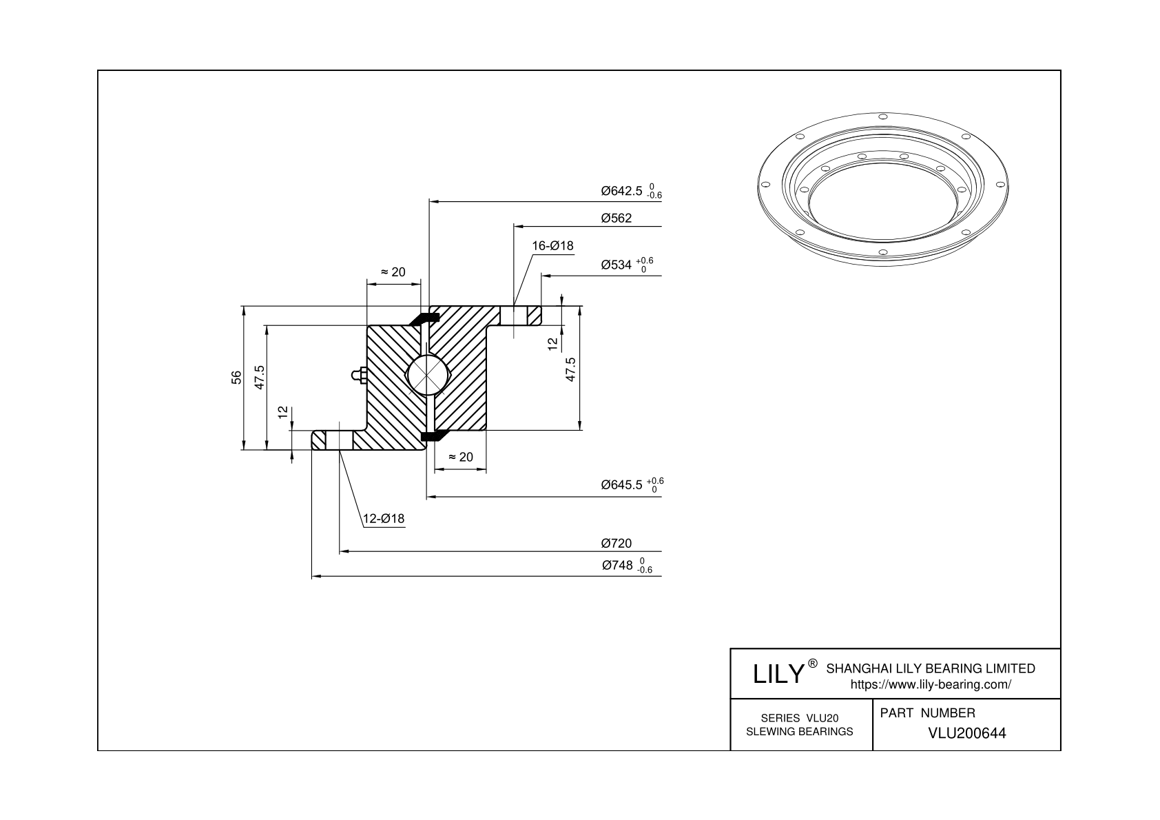 VLU200644 Four Point Contact Ball Slewing Ring Bearing cad drawing