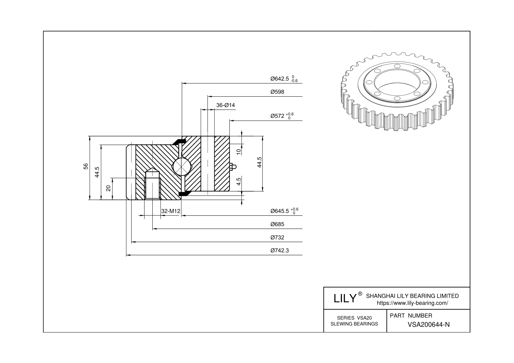 VSA200644-N-RL2 Four Point Contact Ball Slewing Ring Bearing cad drawing
