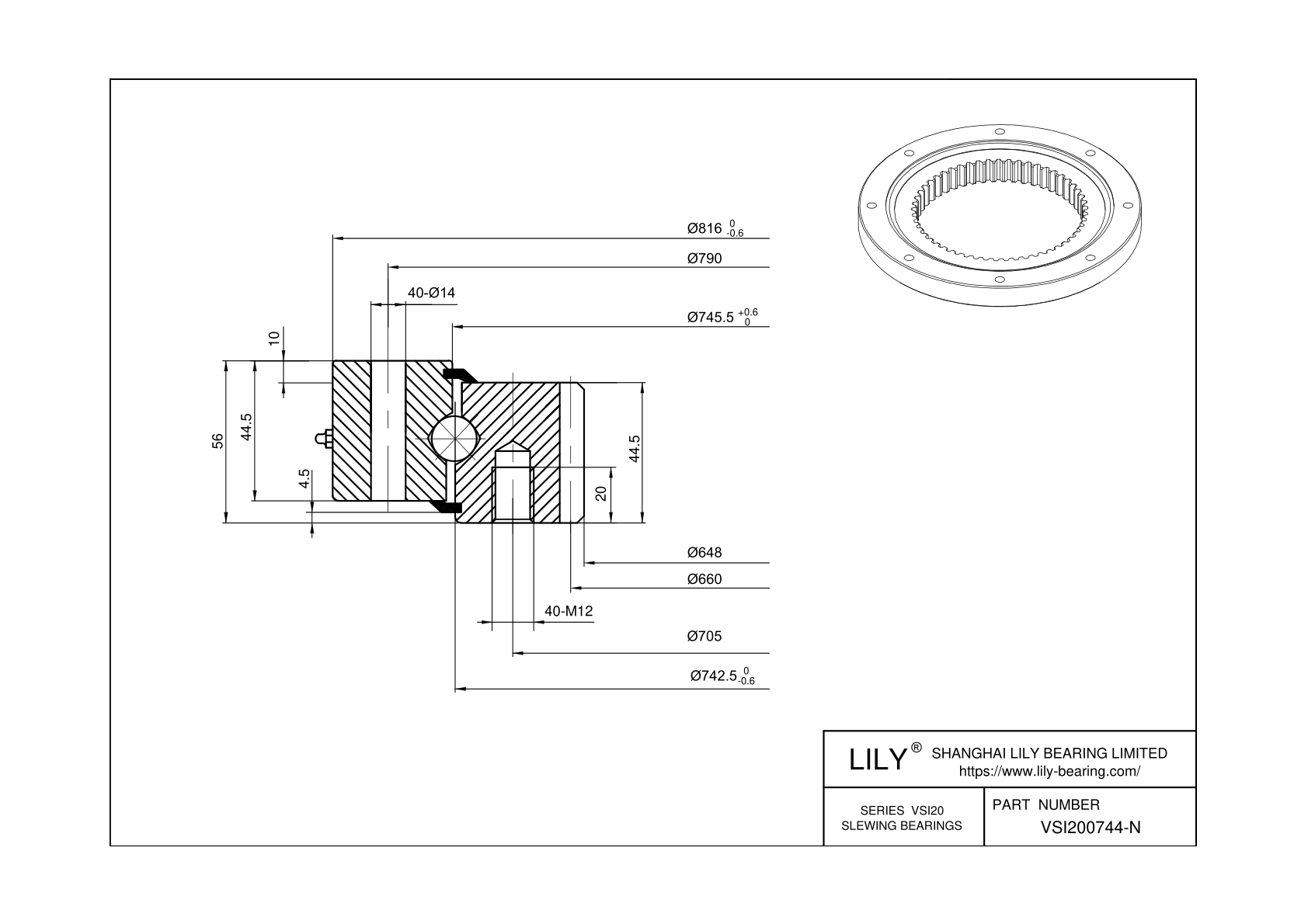 VSI200744-N Four Point Contact Ball Slewing Ring Bearing cad drawing