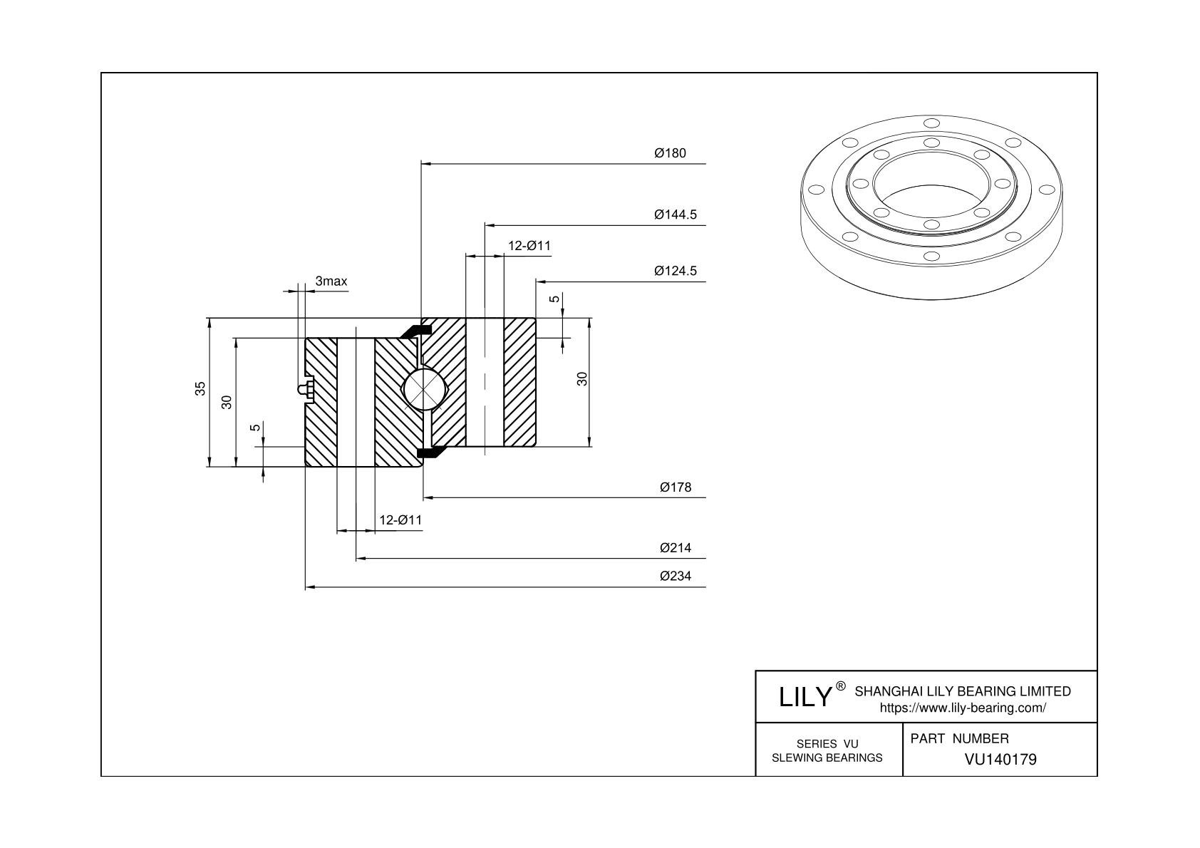 VU140179-RR-ZT-VSP Four Point Contact Ball Slewing Ring Bearing cad drawing