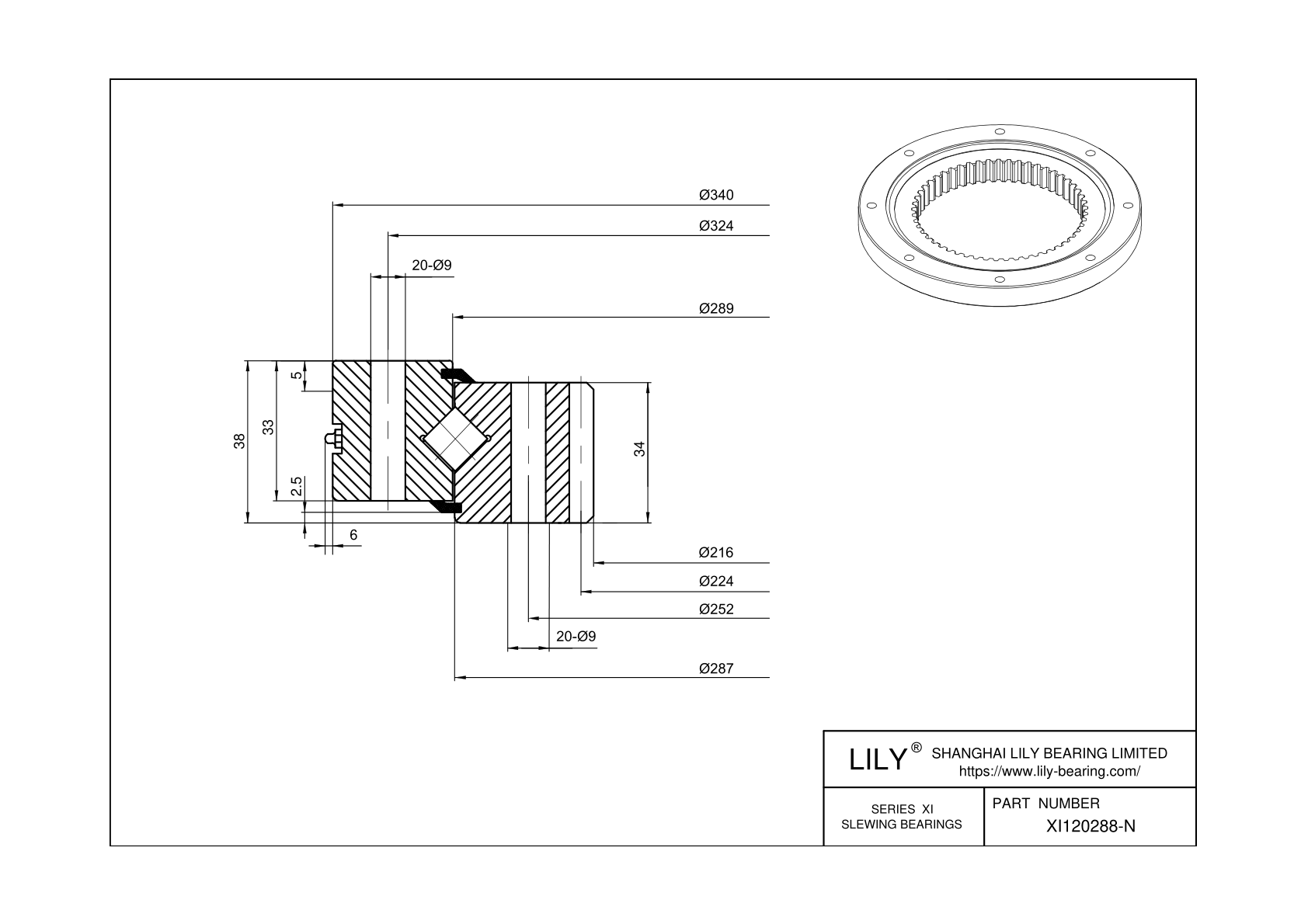 XI120288-N-ZT Cross Roller Slewing Ring Bearing cad drawing