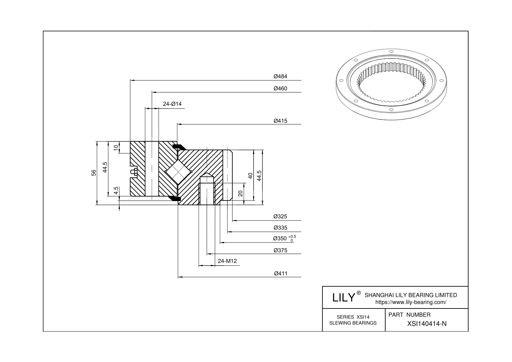XSI140414-N Cross Roller Slewing Ring Bearing cad drawing