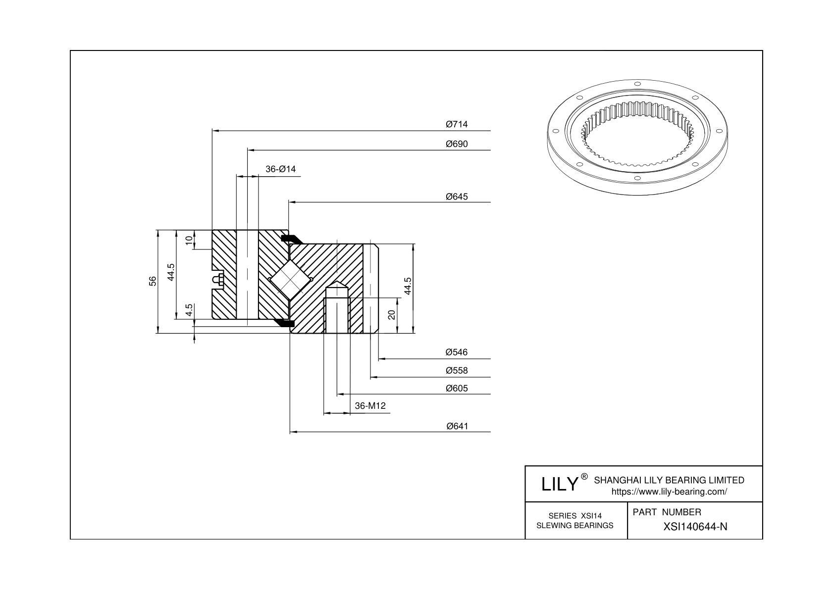 XSI140644-N-RR Cross Roller Slewing Ring Bearing cad drawing