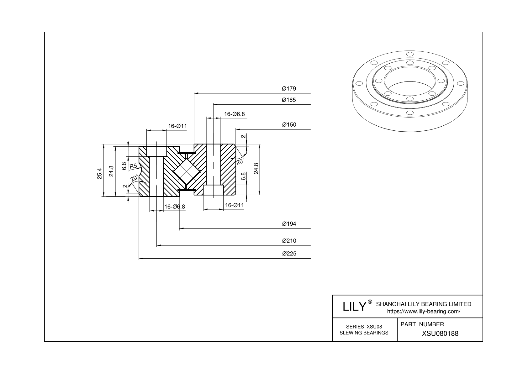 XSU080188 Cross Roller Slewing Ring Bearing cad drawing