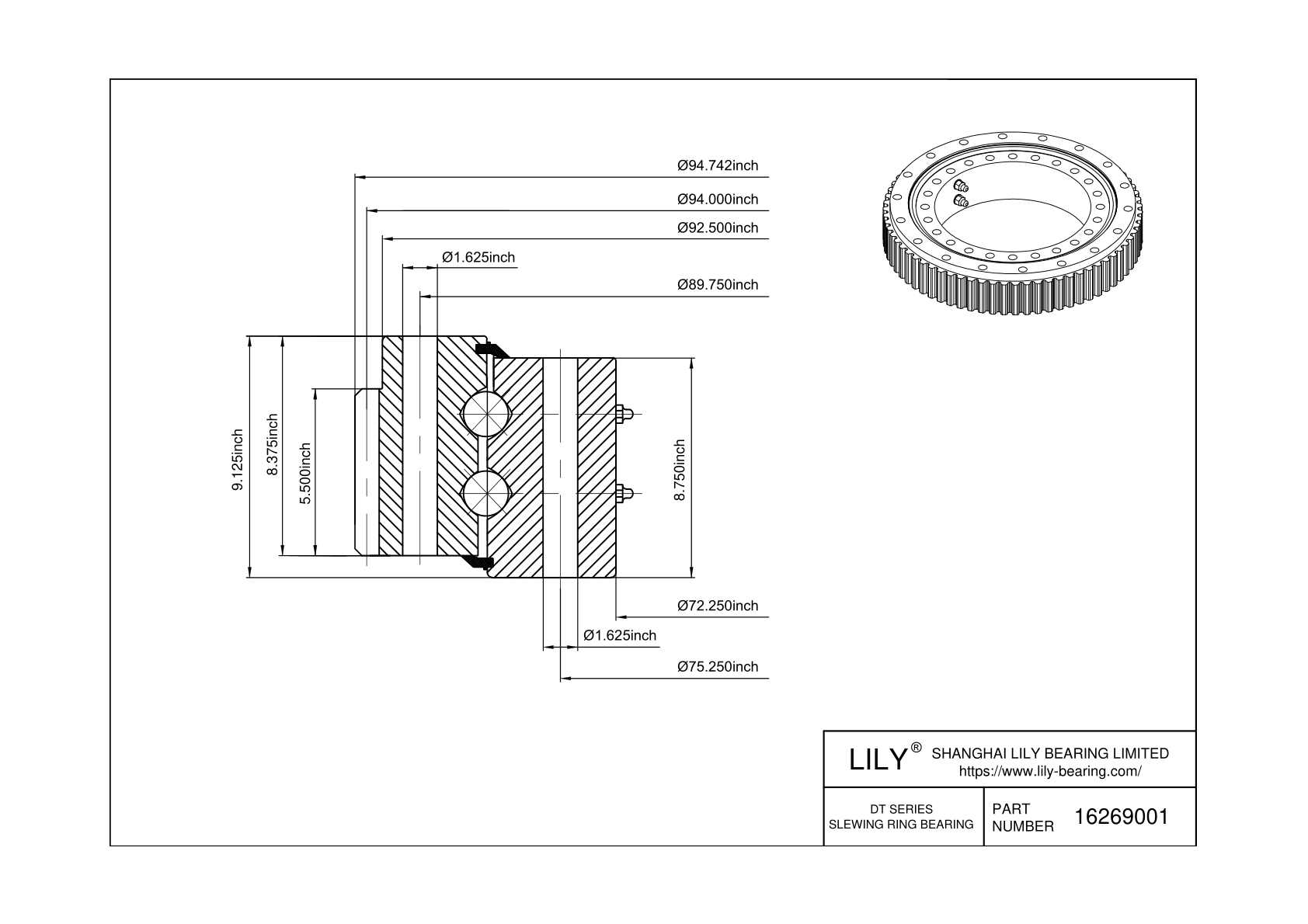 16269001 Eight Point Contact Ball Slewing Ring Bearing cad drawing