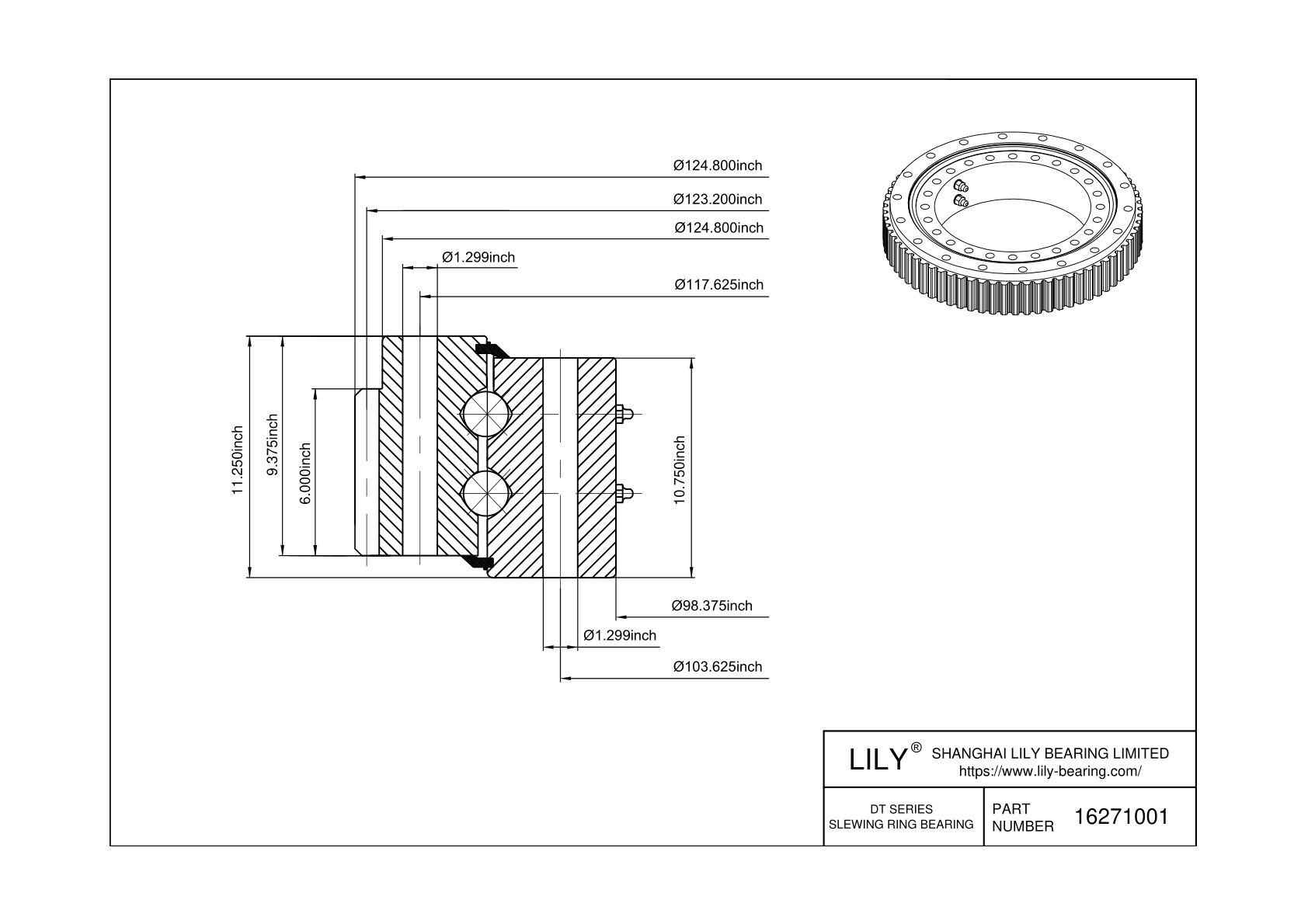 16271001 Eight Point Contact Ball Slewing Ring Bearing cad drawing