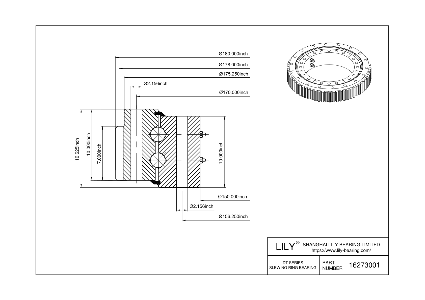16273001 Eight Point Contact Ball Slewing Ring Bearing cad drawing