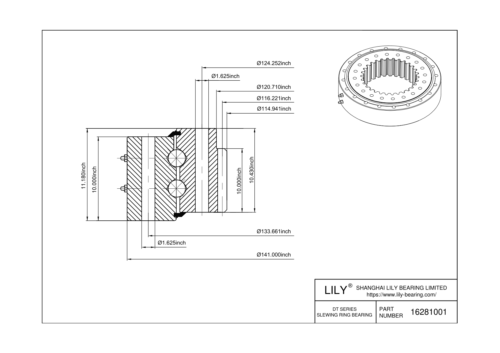 16281001 Eight Point Contact Ball Slewing Ring Bearing cad drawing