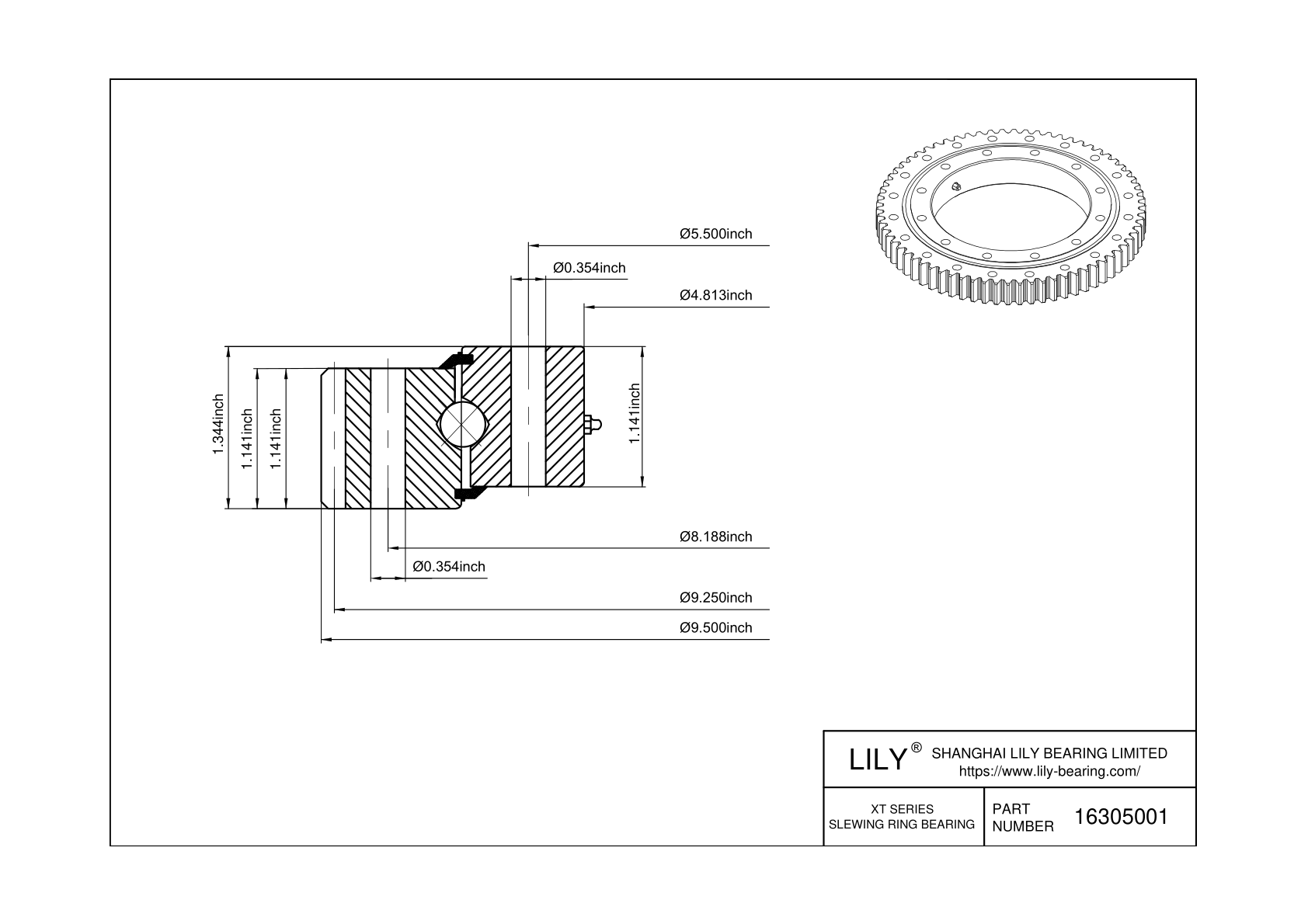 16305001 Four Point Contact Ball Slewing Ring Bearing cad drawing