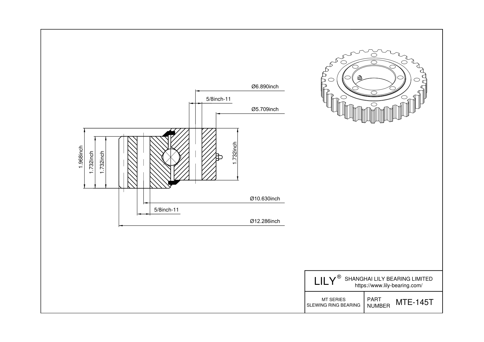 MTE-145T Four Point Contact Ball Slewing Ring Bearing cad drawing