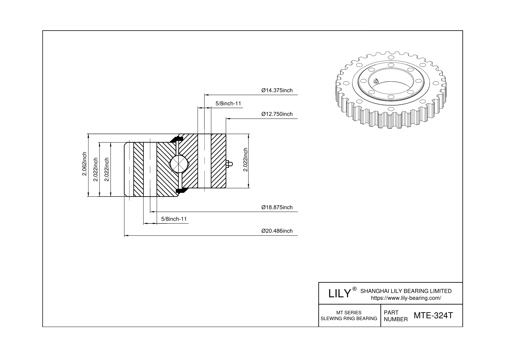 MTE-324T Four Point Contact Ball Slewing Ring Bearing cad drawing