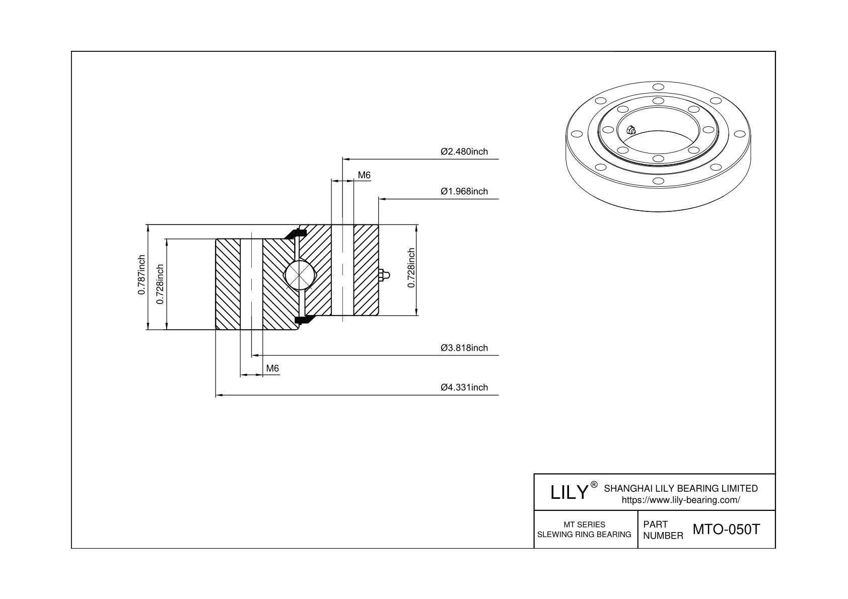MTO-050T Four Point Contact Ball Slewing Ring Bearing cad drawing