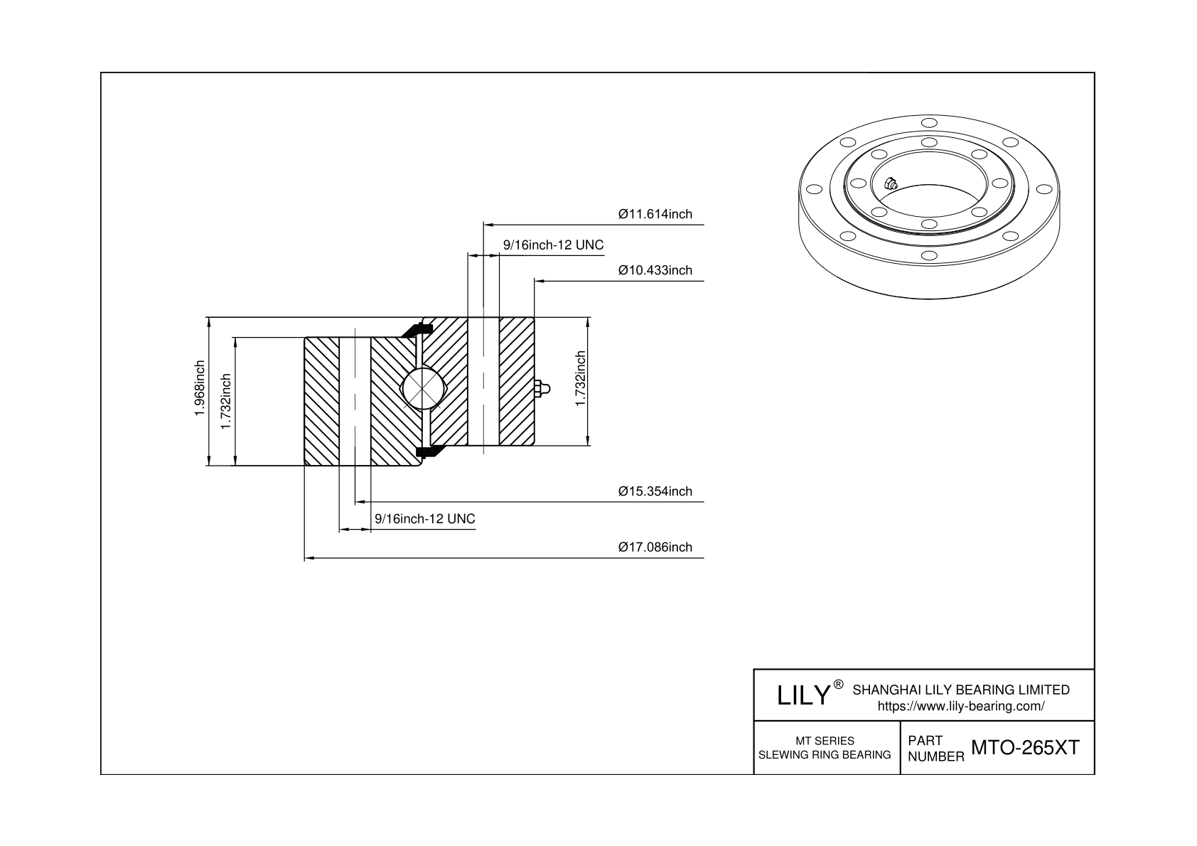 MTO-265XT Four Point Contact Ball Slewing Ring Bearing cad drawing