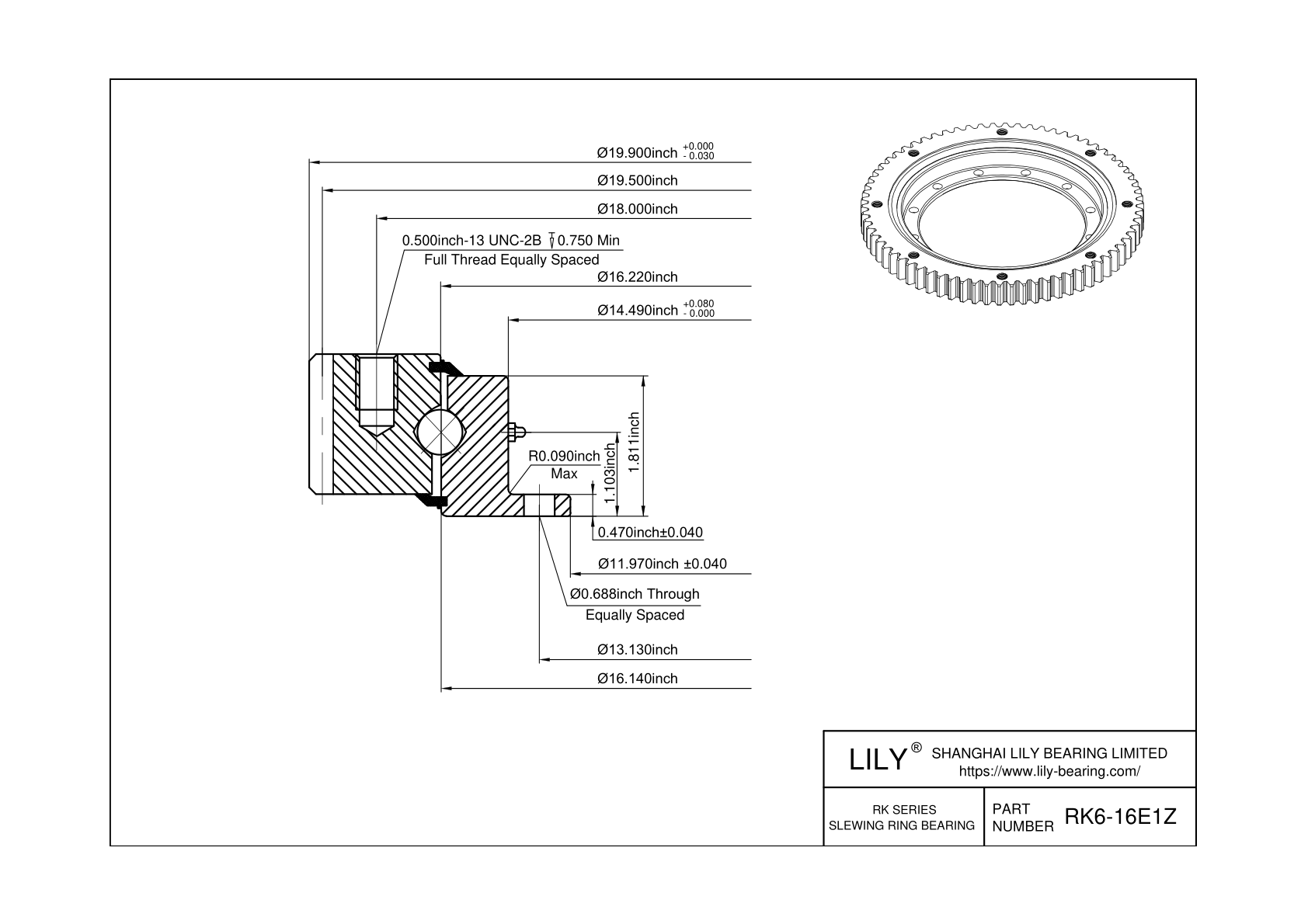 RK6-16E1Z Four Point Contact Ball Slewing Ring Bearing cad drawing