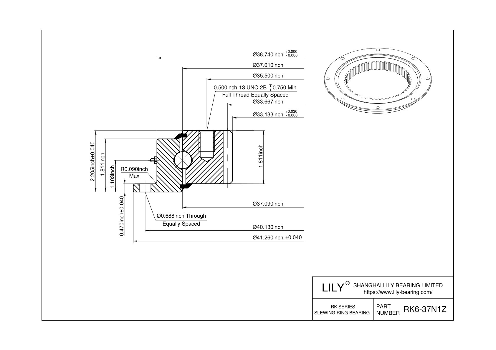 RK6-37N1Z Four Point Contact Ball Slewing Ring Bearing cad drawing