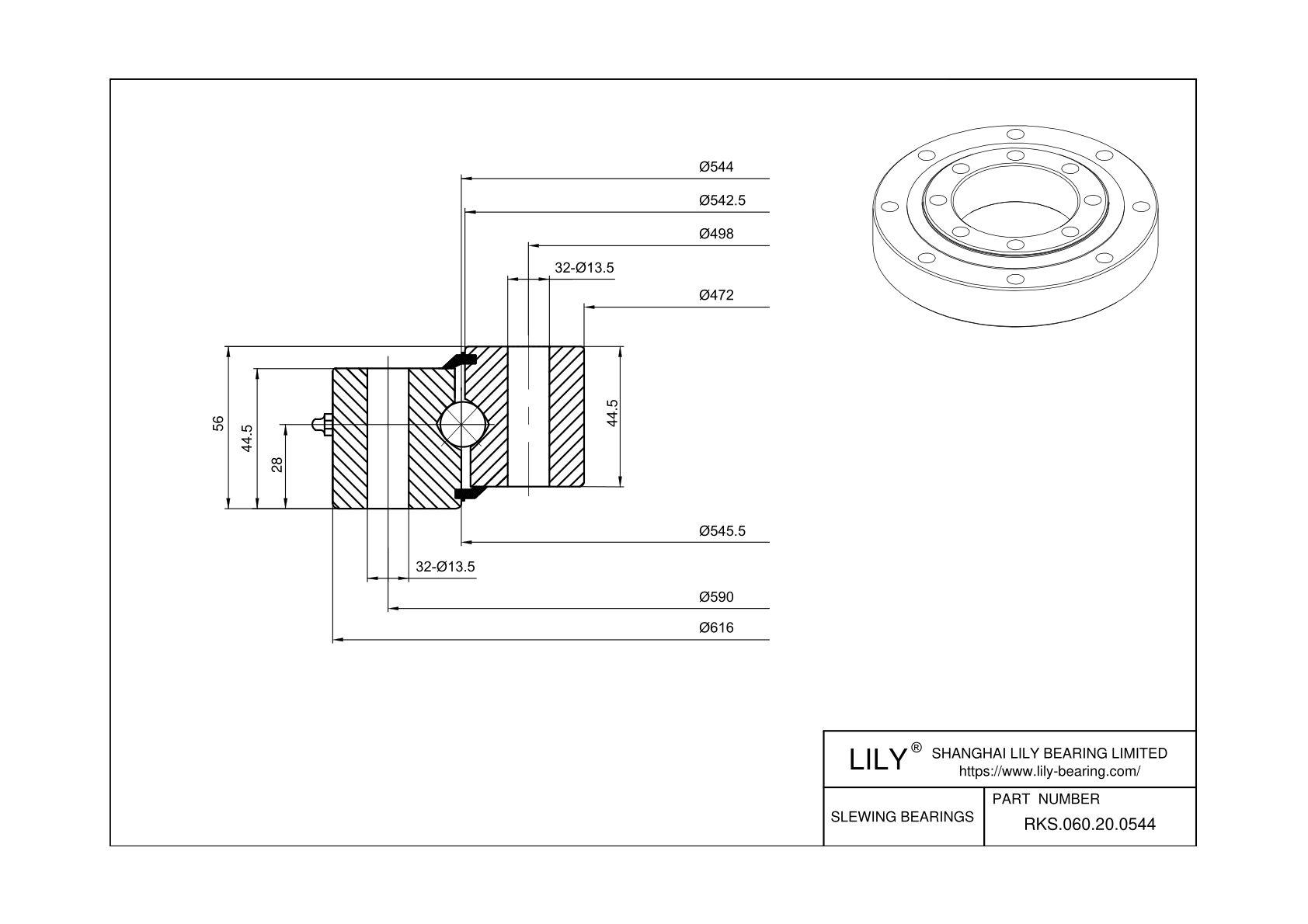 RKS.060.20.0544 Four Point Contact Ball Slewing Ring Bearing cad drawing