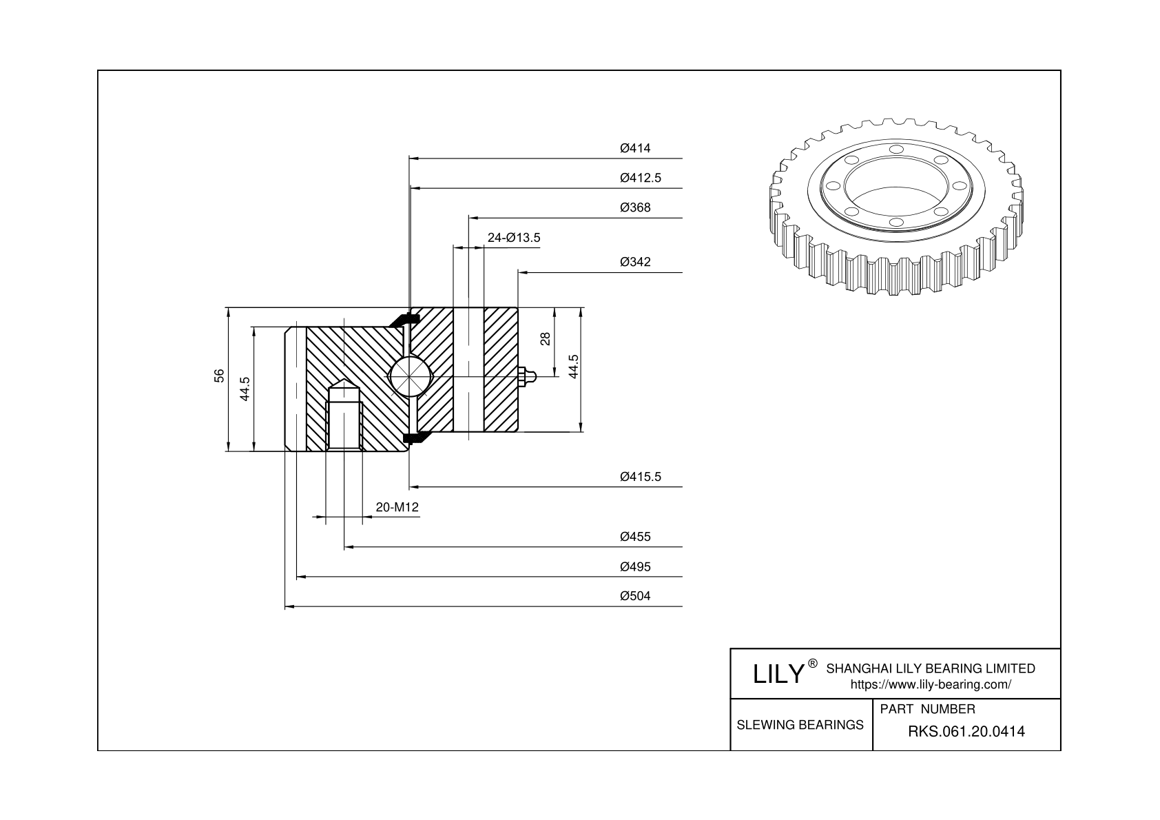 RKS.061.20.0414 Four Point Contact Ball Slewing Ring Bearing cad drawing