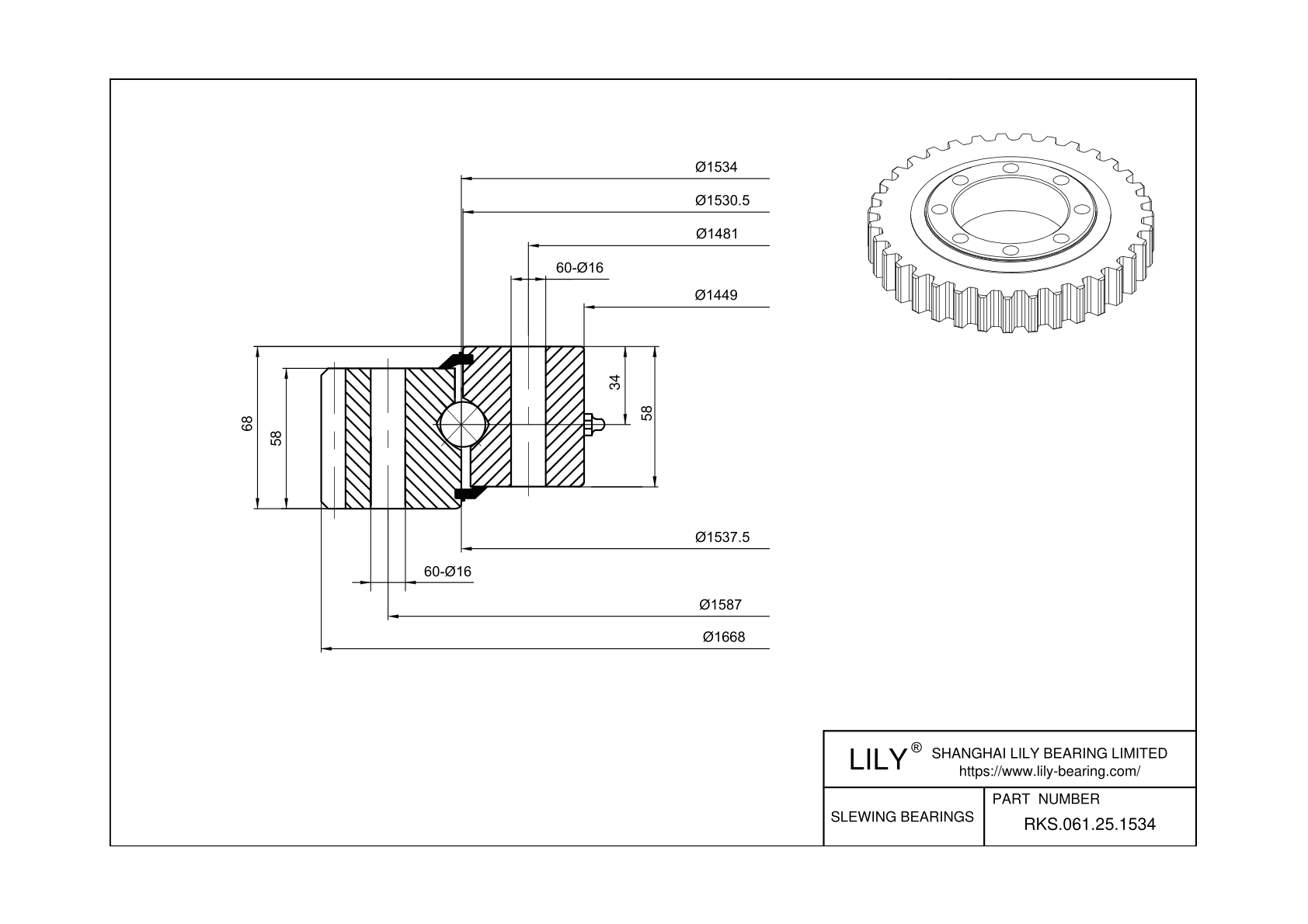 RKS.061.25.1534 Four Point Contact Ball Slewing Ring Bearing cad drawing