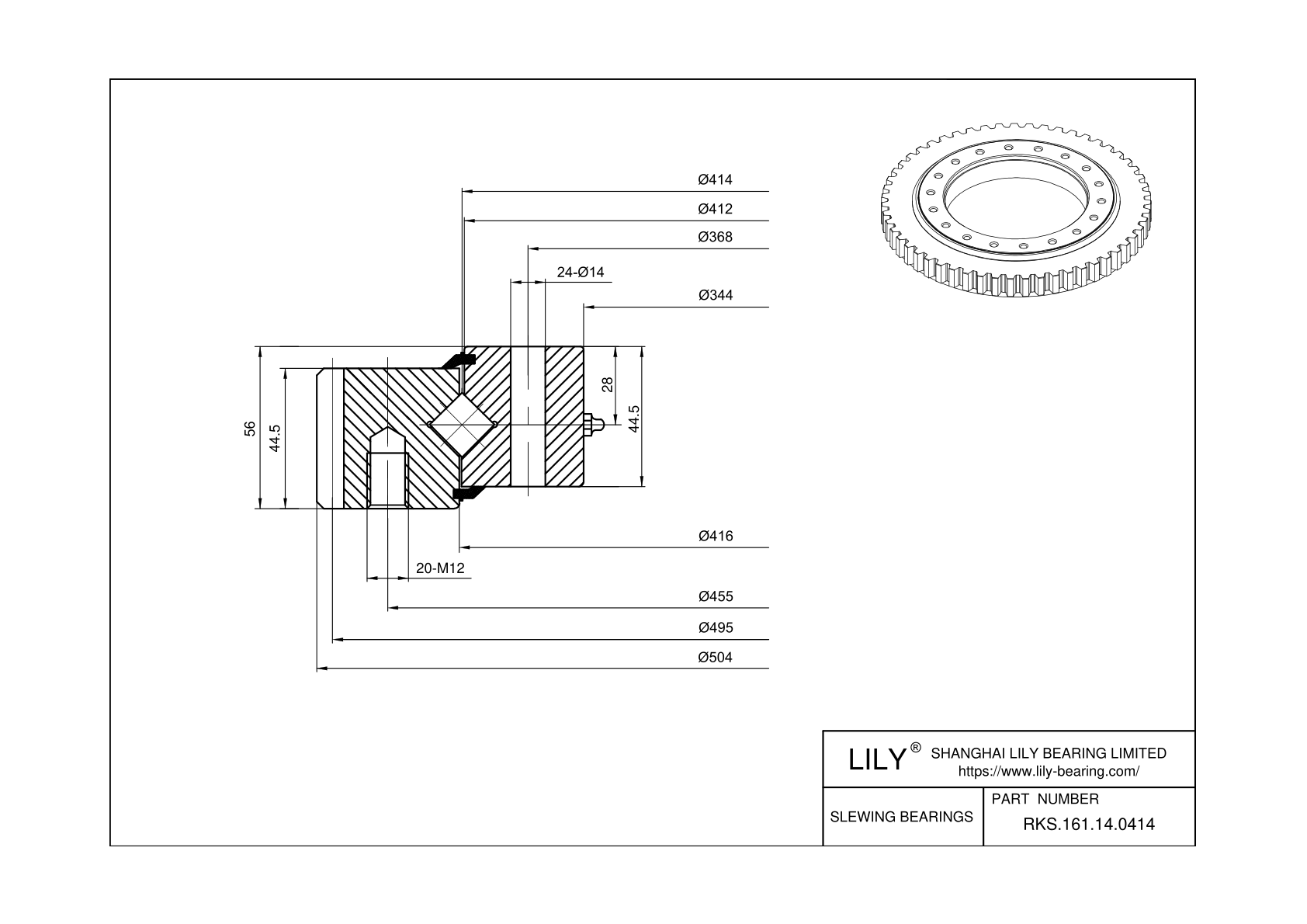 RKS.161.14.0414 Cross Roller Slewing Ring Bearing cad drawing