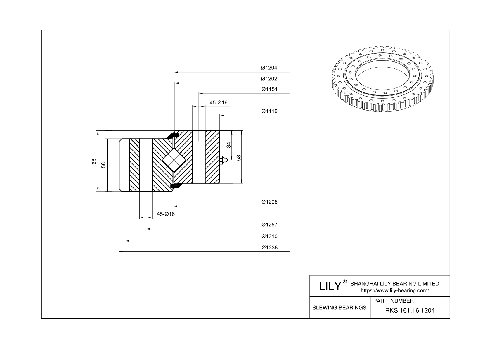 RKS.161.16.1204 Cross Roller Slewing Ring Bearing cad drawing