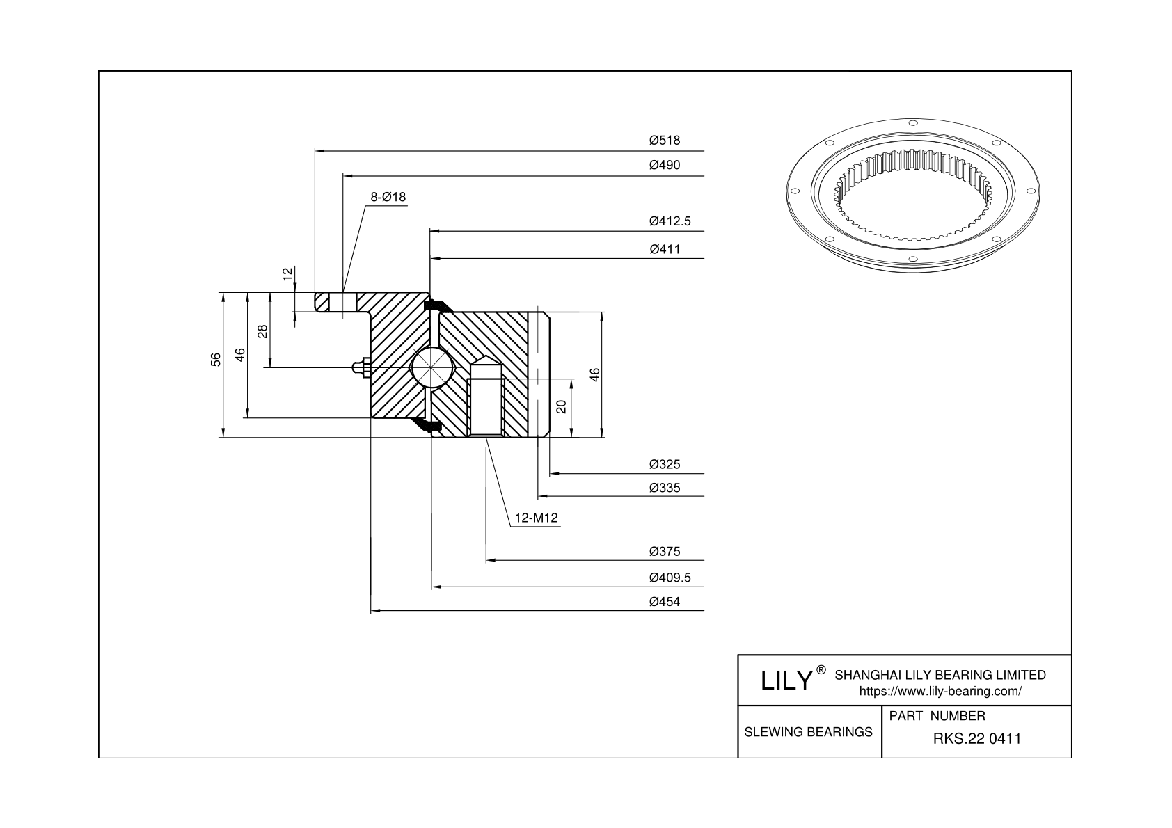 RKS.220411 Four Point Contact Ball Slewing Ring Bearing cad drawing