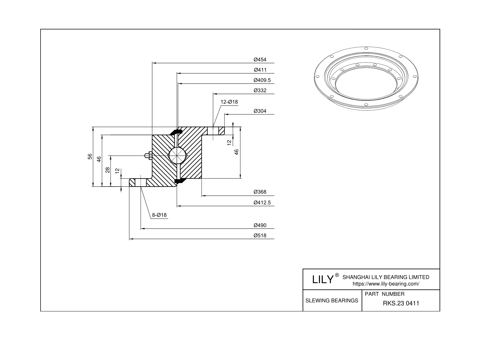 RKS.23 0411 Four Point Contact Ball Slewing Ring Bearing cad drawing