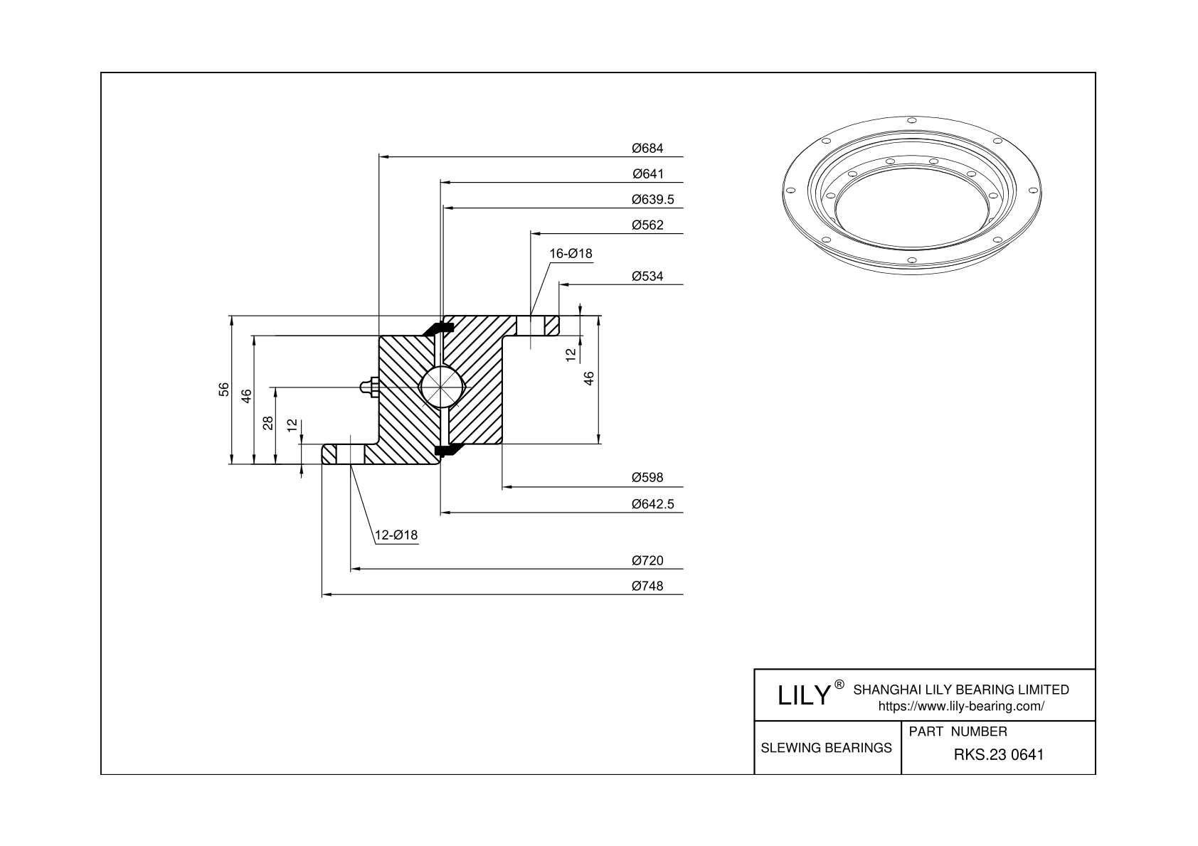 RKS.23 0641 Four Point Contact Ball Slewing Ring Bearing cad drawing