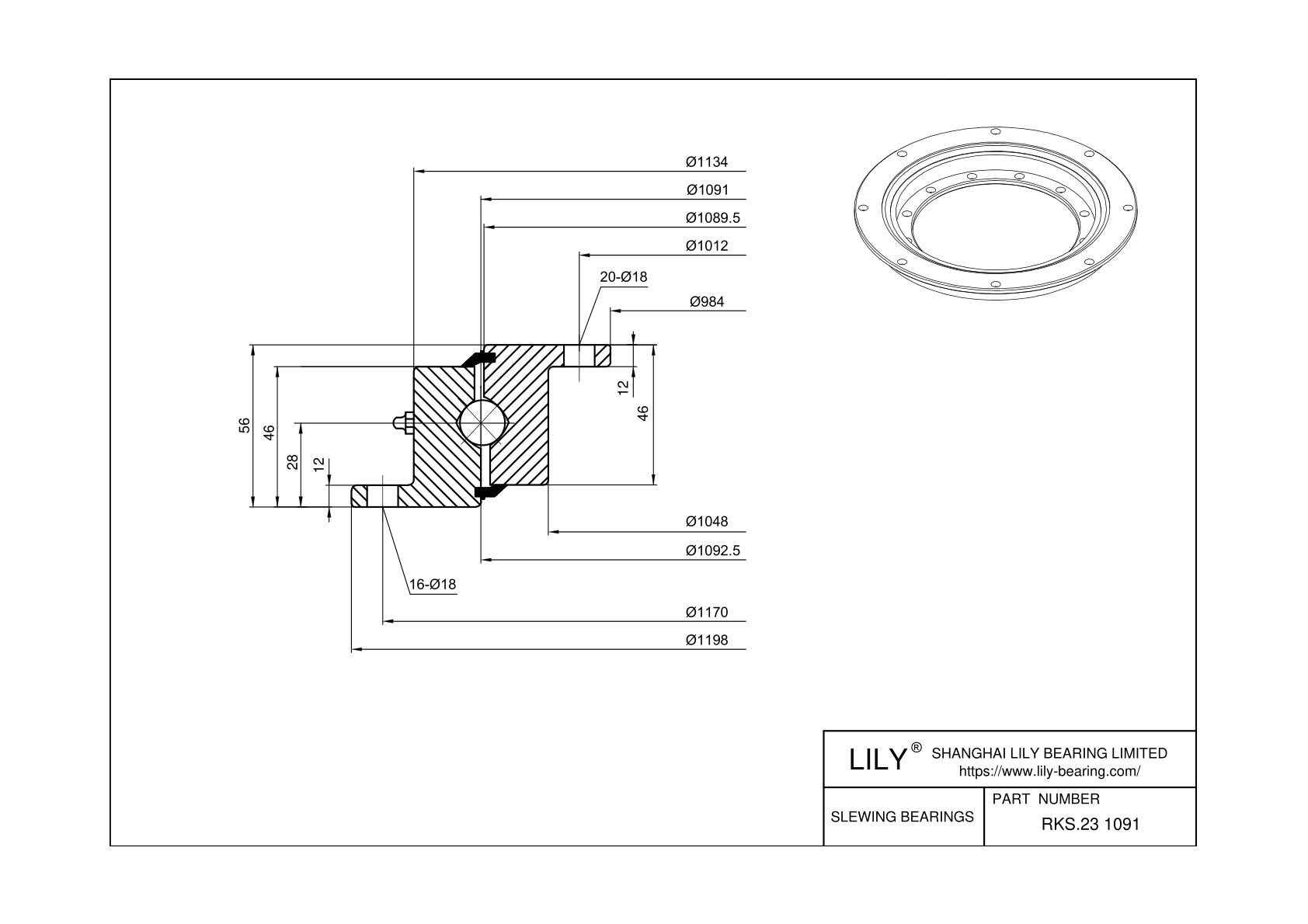 RKS.23 1091 Four Point Contact Ball Slewing Ring Bearing cad drawing
