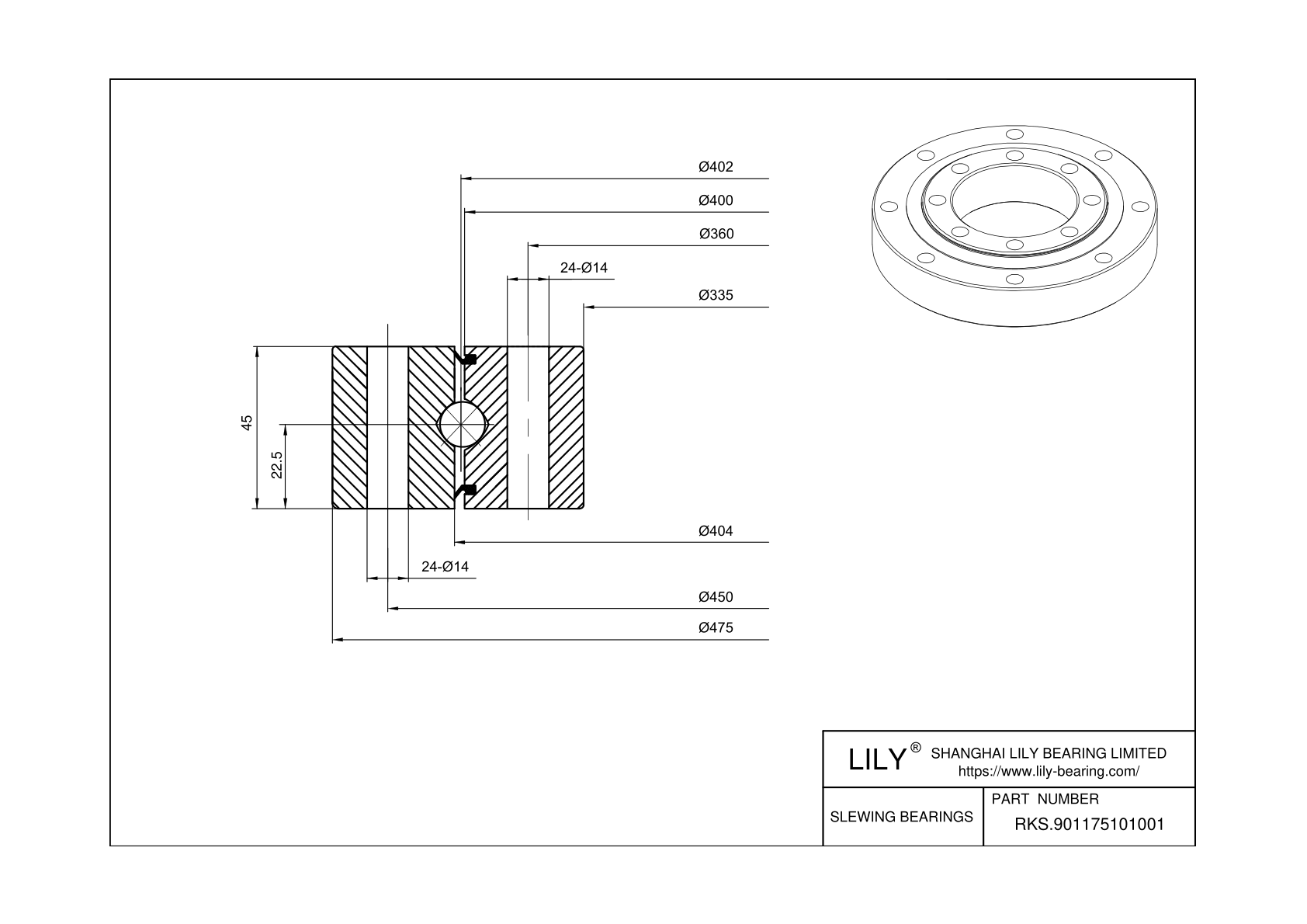 RKS.901175101001 Four Point Contact Ball Slewing Ring Bearing cad drawing