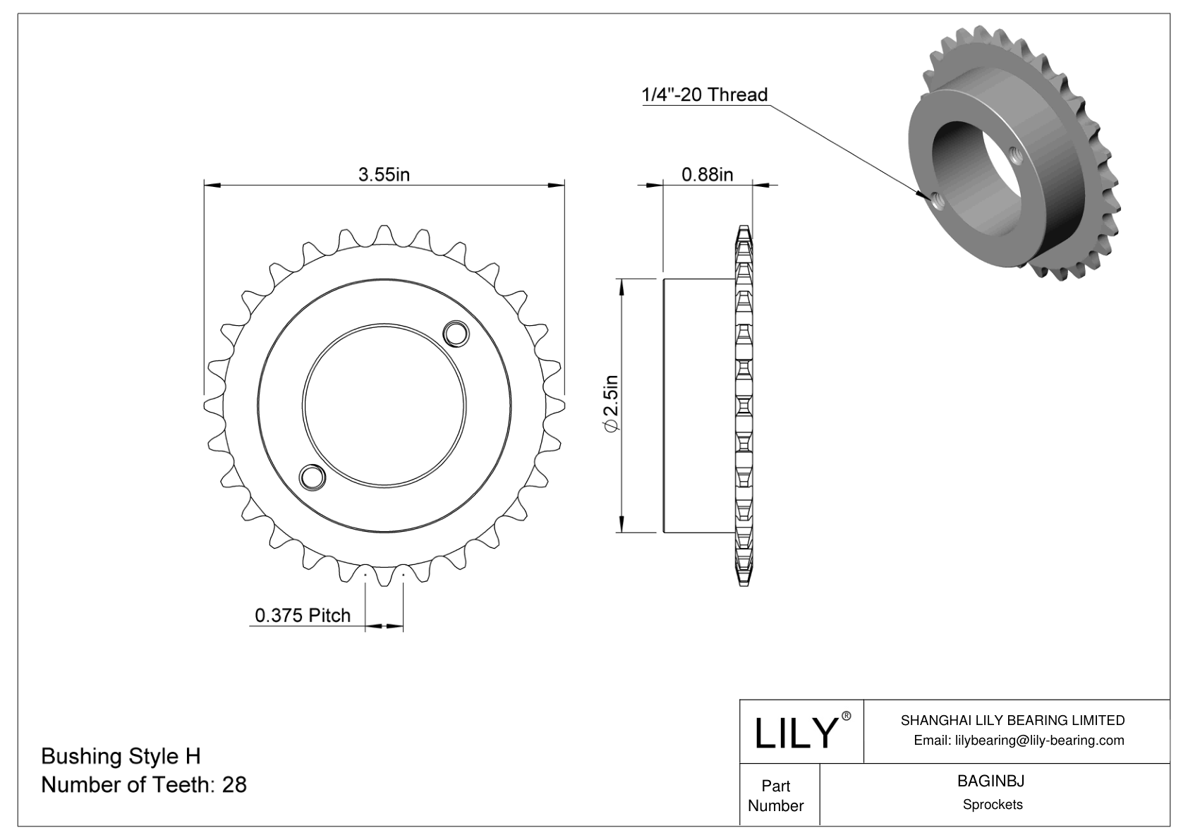 BAGINBJ Split-Tapered Bushing-Bore Sprockets for ANSI Roller Chain cad drawing