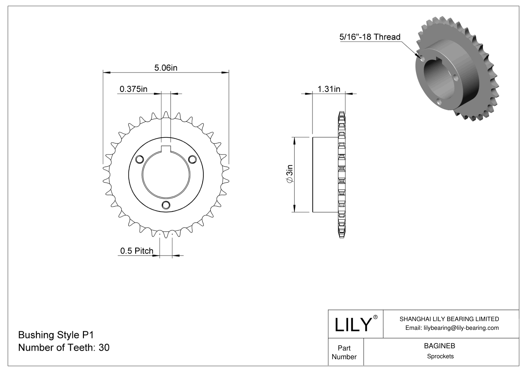 BAGINEB Split-Tapered Bushing-Bore Sprockets for ANSI Roller Chain cad drawing