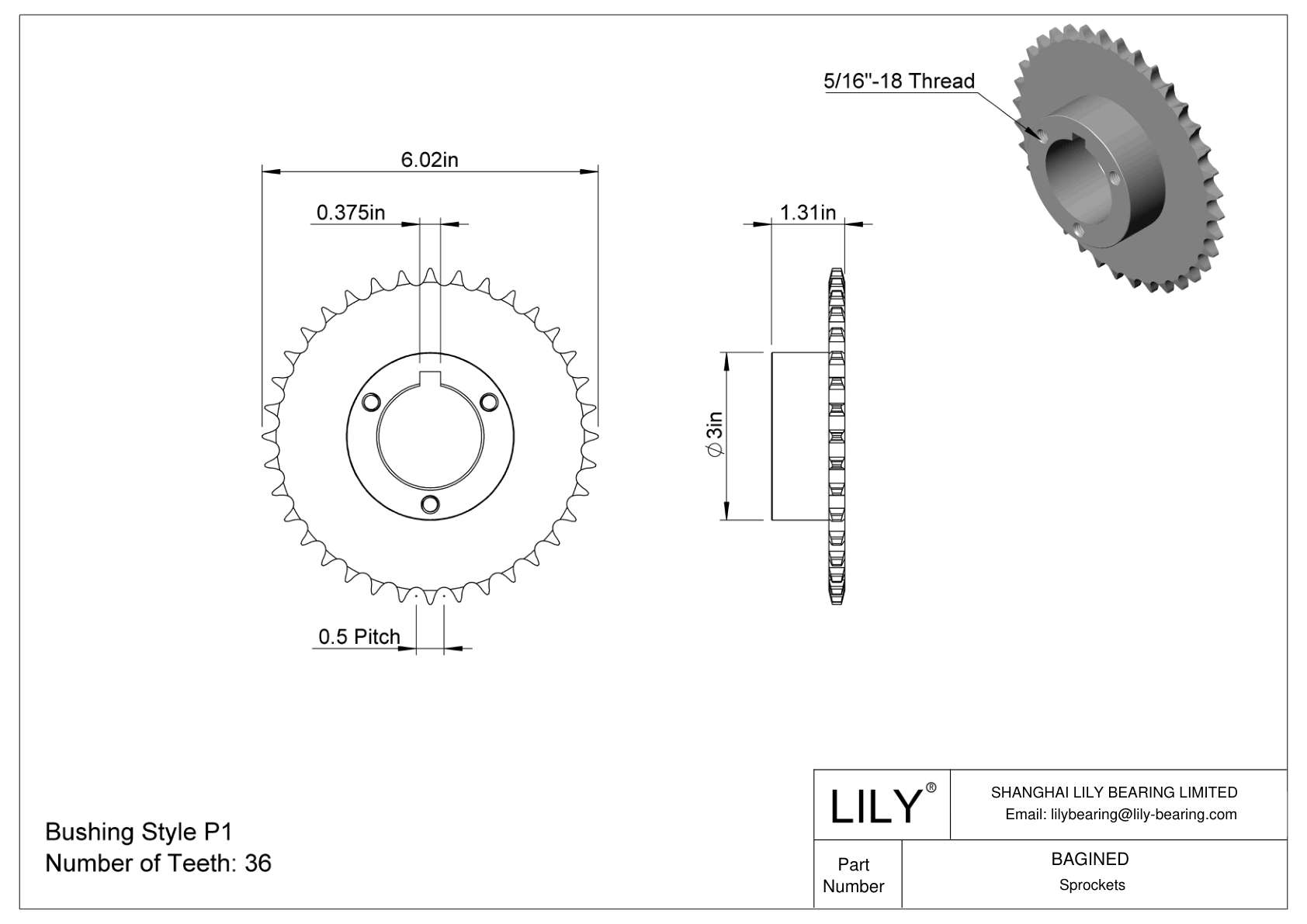 BAGINED Split-Tapered Bushing-Bore Sprockets for ANSI Roller Chain cad drawing