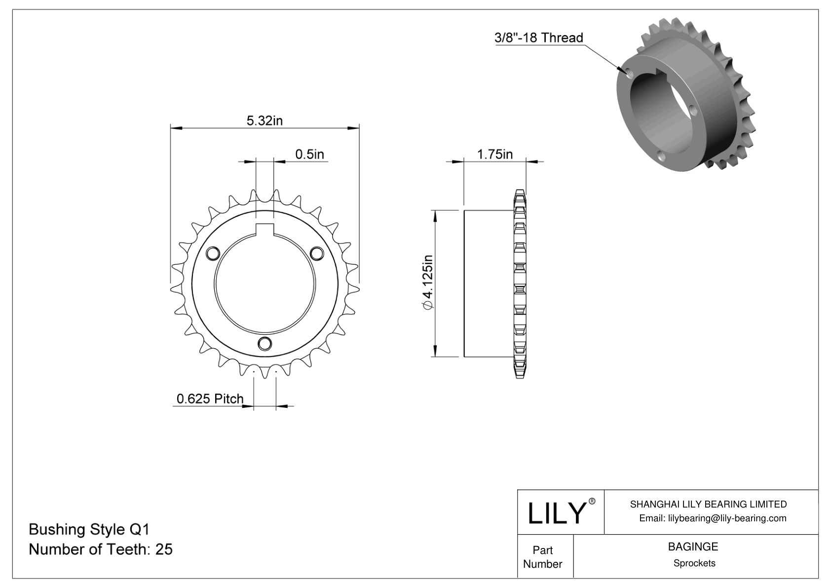 BAGINGE Split-Tapered Bushing-Bore Sprockets for ANSI Roller Chain cad drawing