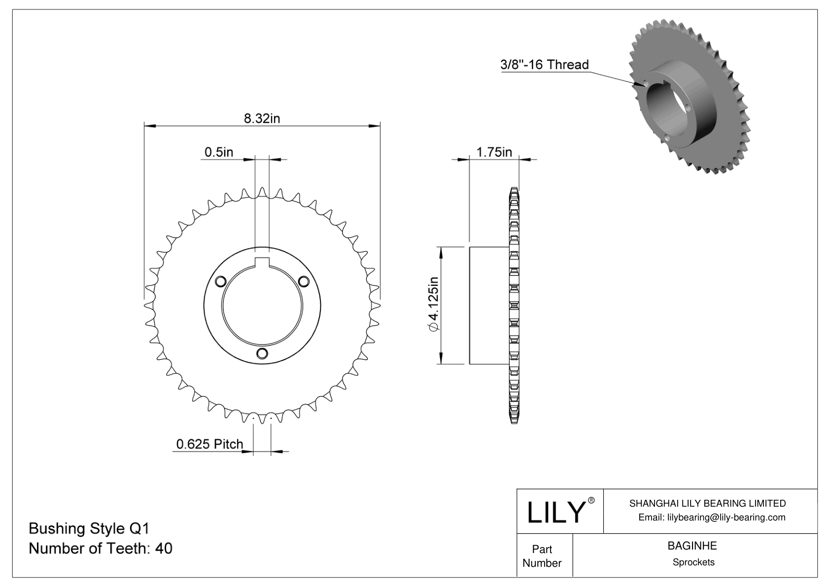 BAGINHE Ruedas dentadas con casquillo cónico dividido para cadena de rodillos ANSI cad drawing