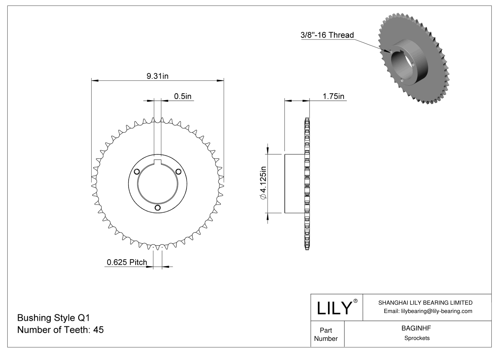 BAGINHF Split-Tapered Bushing-Bore Sprockets for ANSI Roller Chain cad drawing