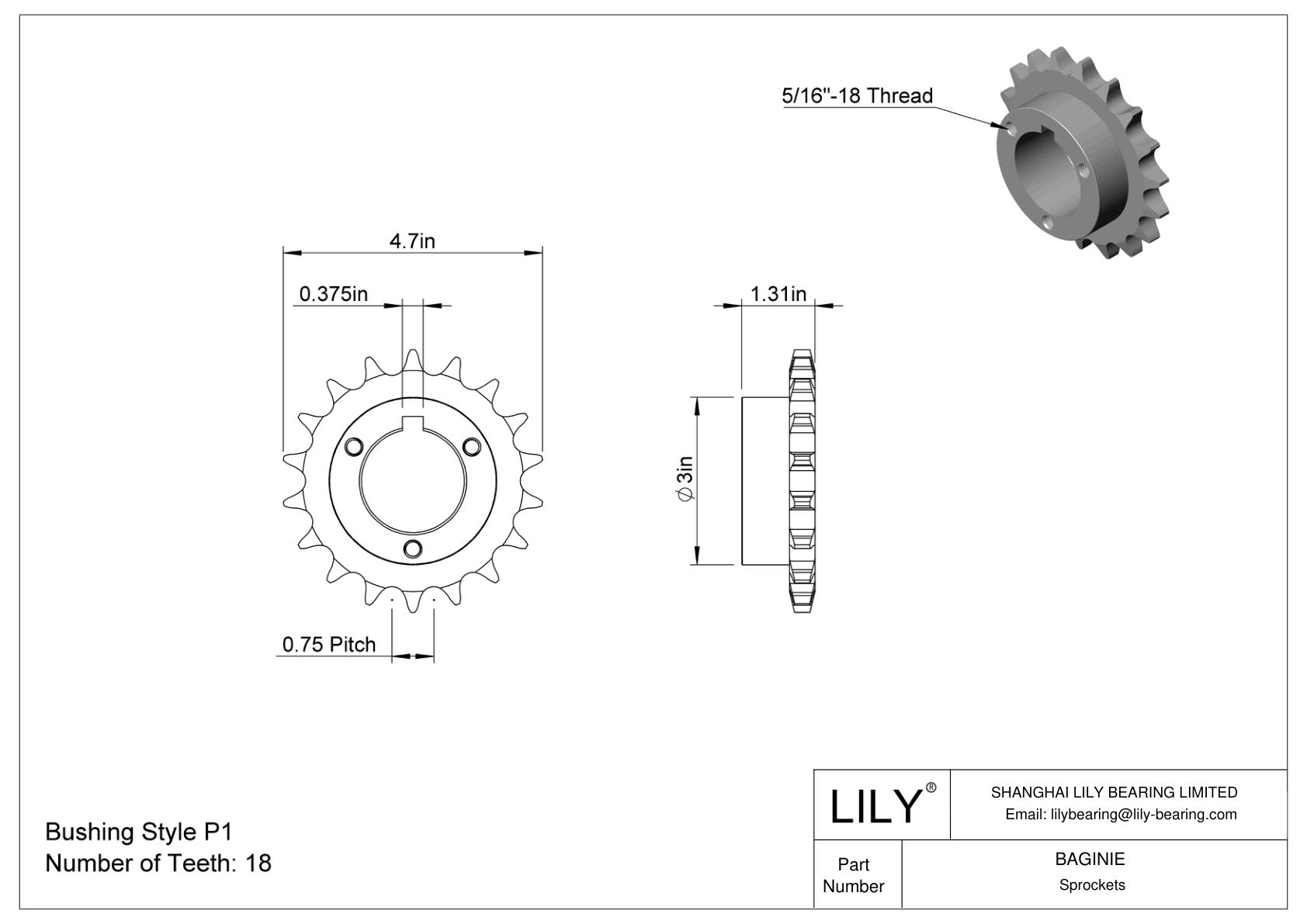 BAGINIE Split-Tapered Bushing-Bore Sprockets for ANSI Roller Chain cad drawing
