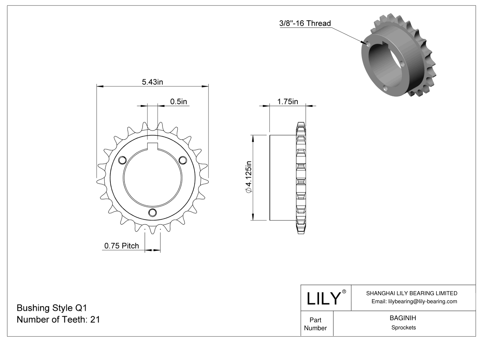 BAGINIH Split-Tapered Bushing-Bore Sprockets for ANSI Roller Chain cad drawing