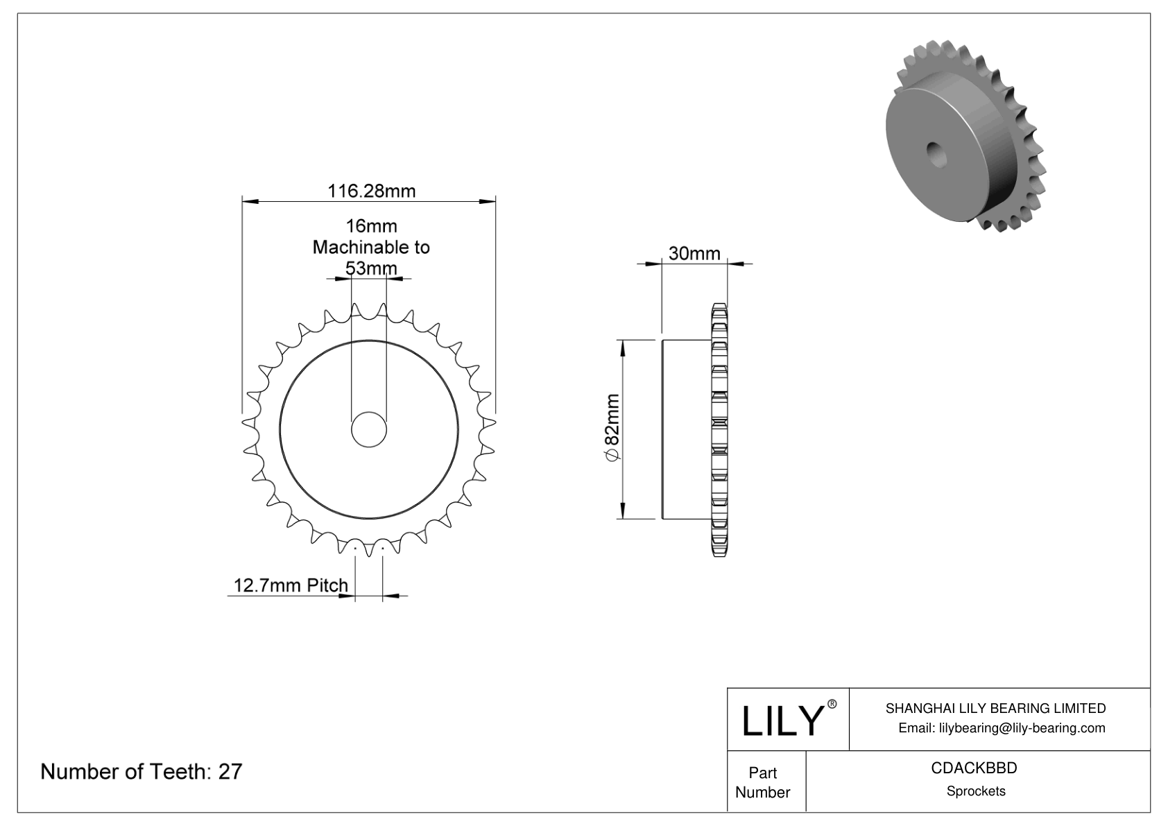 CDACKBBD Sprockets for Metric Roller Chain cad drawing