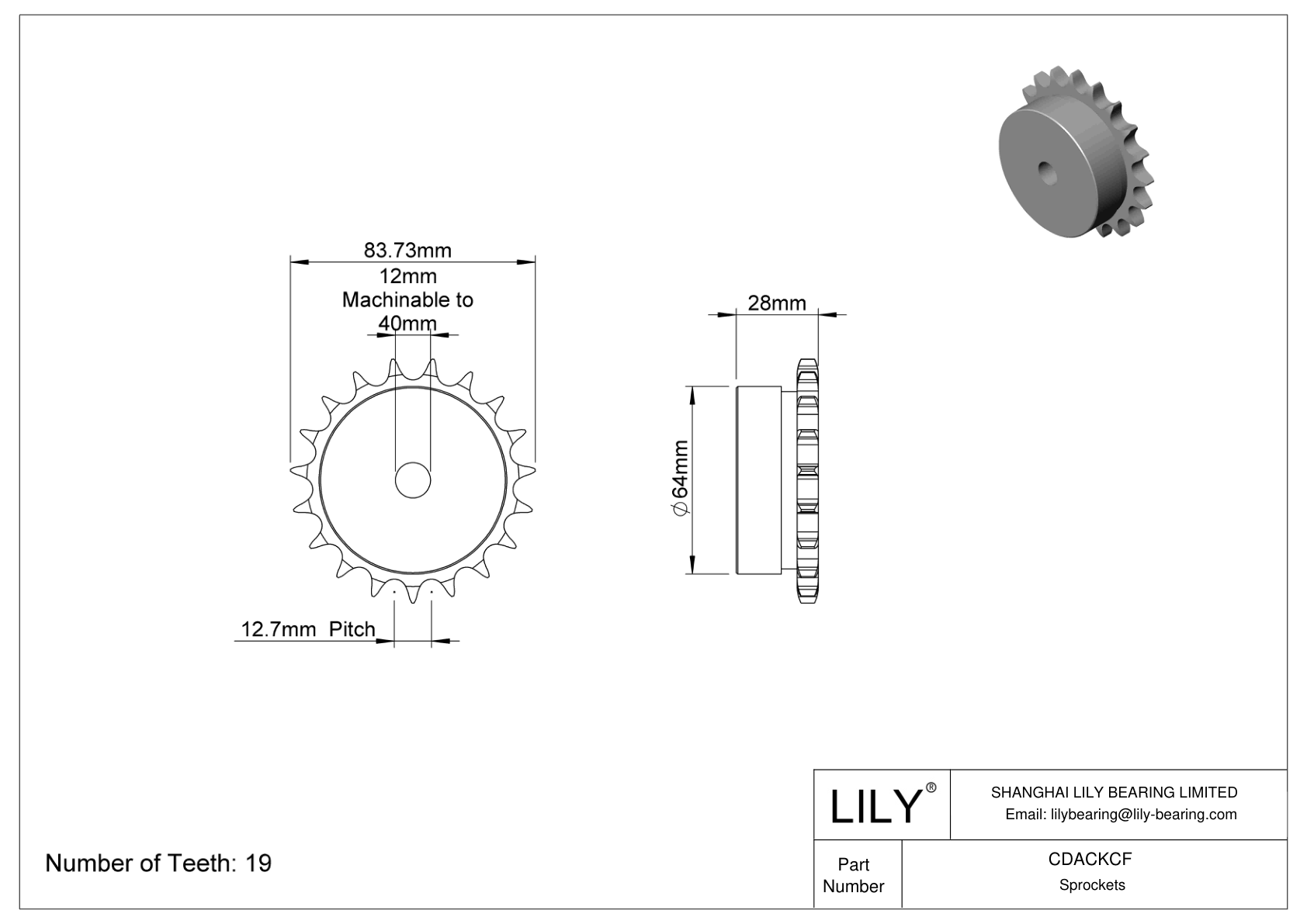 CDACKCF Sprockets for Metric Roller Chain cad drawing