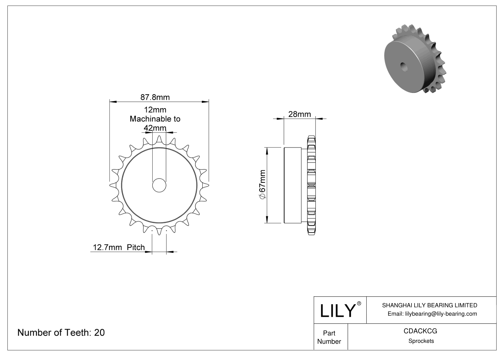 CDACKCG Sprockets for Metric Roller Chain cad drawing