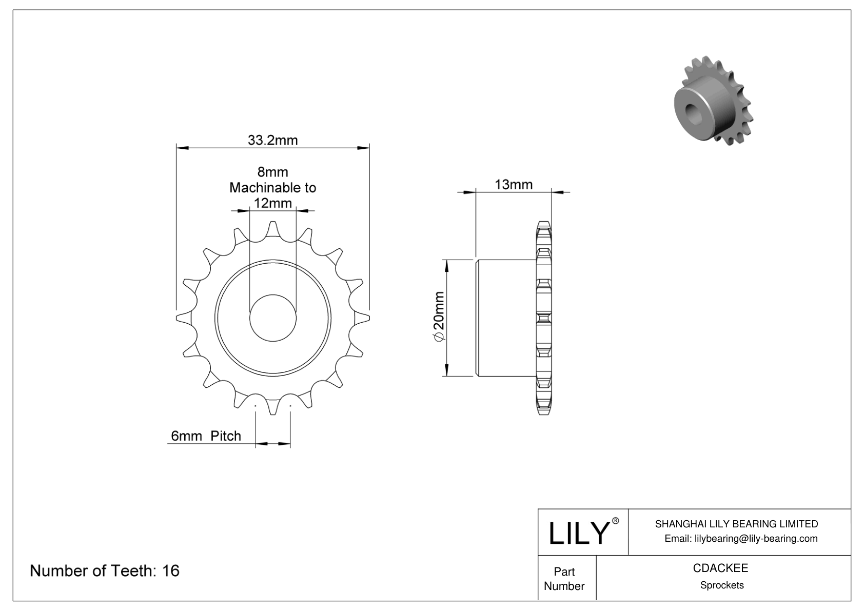 CDACKEE Sprockets for Metric Roller Chain cad drawing