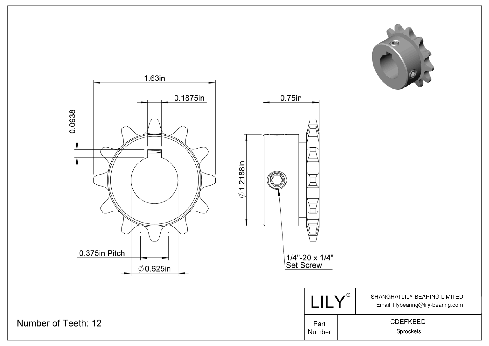 CDEFKBED Corrosion-Resistant Sprockets for ANSI Roller Chain cad drawing