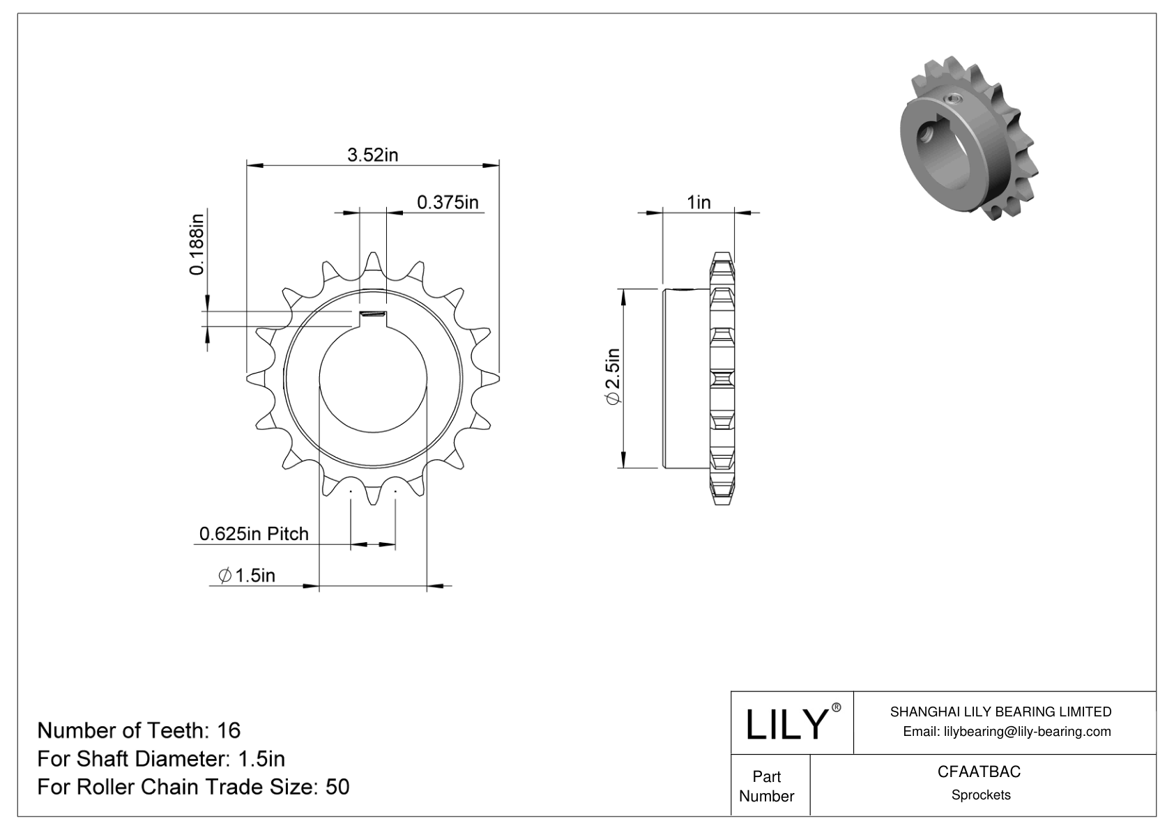 CFAATBAC Wear-Resistant Sprockets for ANSI Roller Chain cad drawing