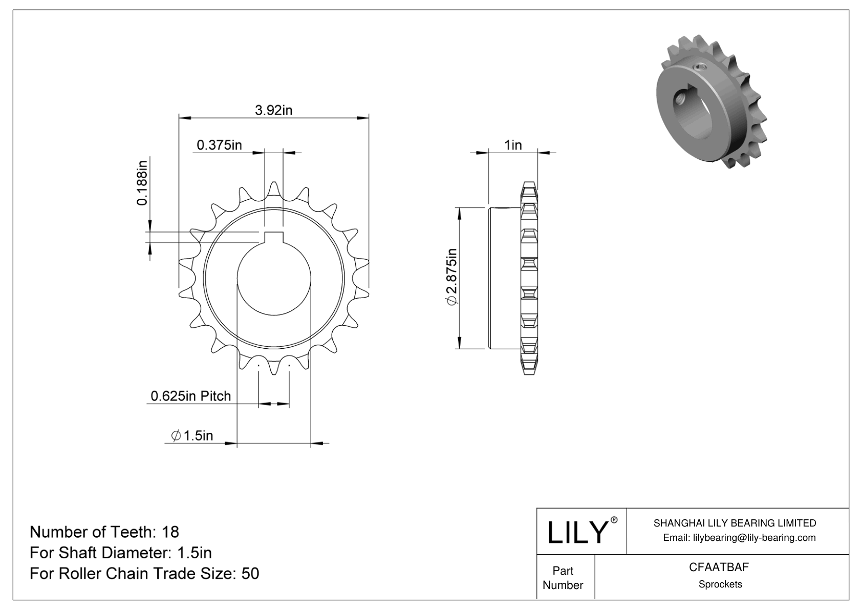 CFAATBAF Wear-Resistant Sprockets for ANSI Roller Chain cad drawing