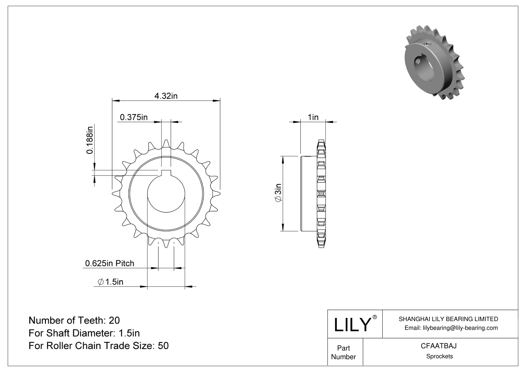 CFAATBAJ Wear-Resistant Sprockets for ANSI Roller Chain cad drawing
