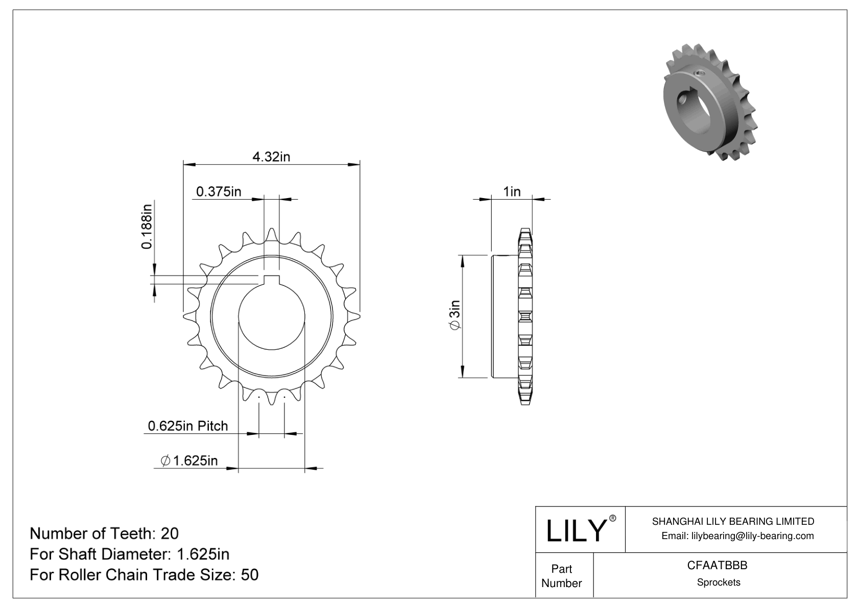 CFAATBBB Wear-Resistant Sprockets for ANSI Roller Chain cad drawing