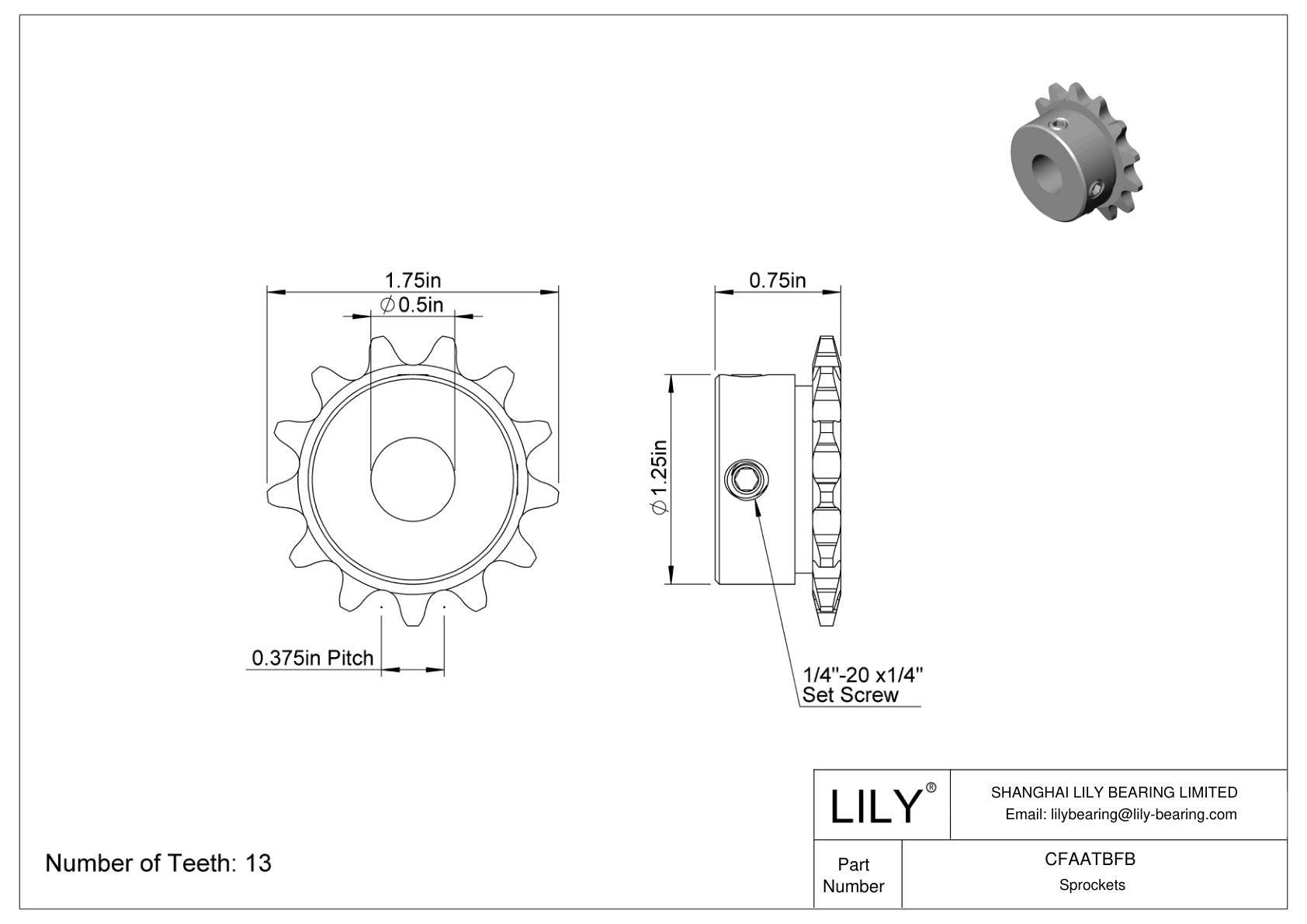 CFAATBFB Wear-Resistant Sprockets for ANSI Roller Chain cad drawing
