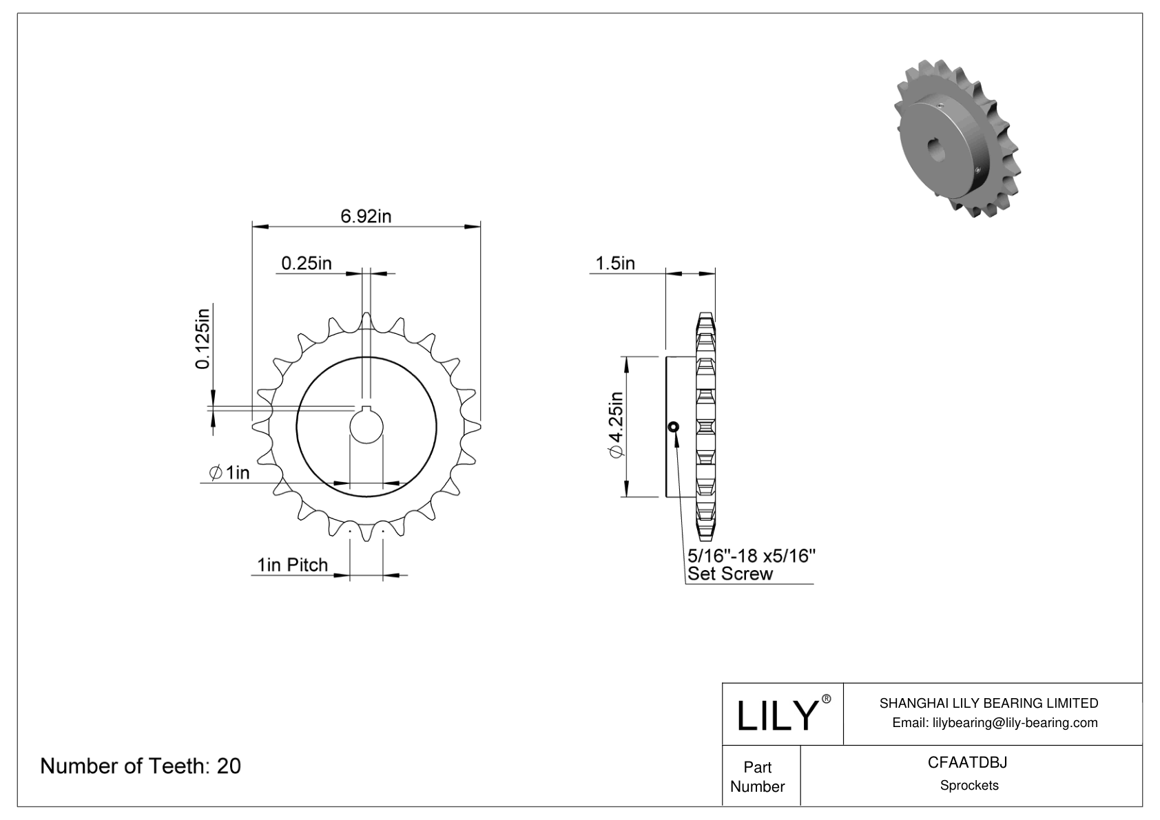 CFAATDBJ Wear-Resistant Sprockets for ANSI Roller Chain cad drawing