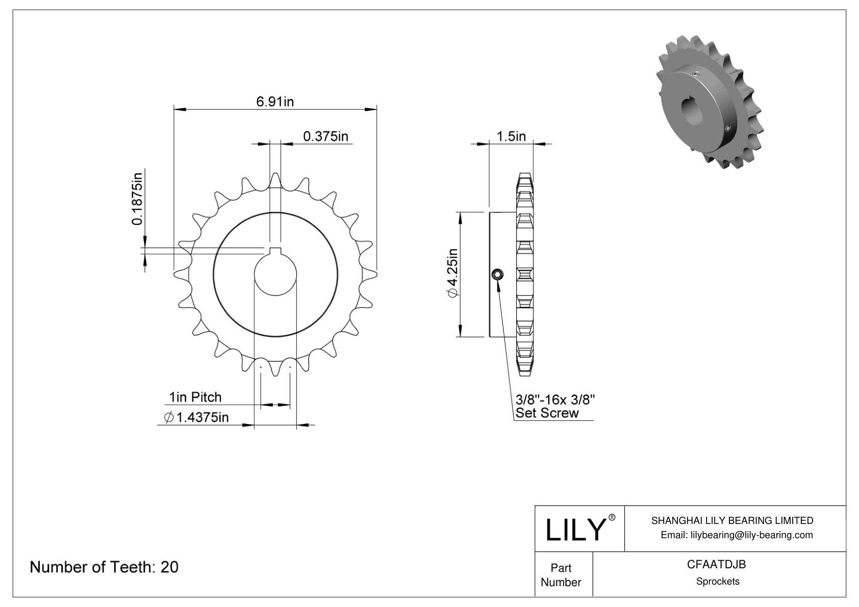 CFAATDJB Wear-Resistant Sprockets for ANSI Roller Chain cad drawing