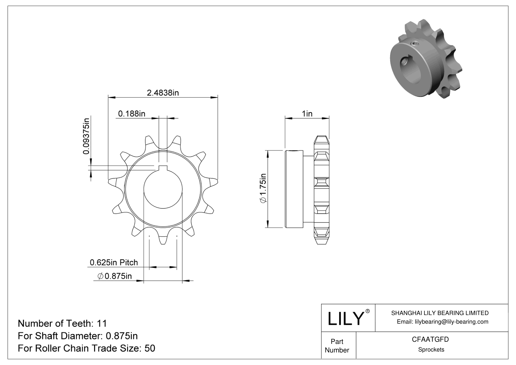 CFAATGFD Wear-Resistant Sprockets for ANSI Roller Chain cad drawing